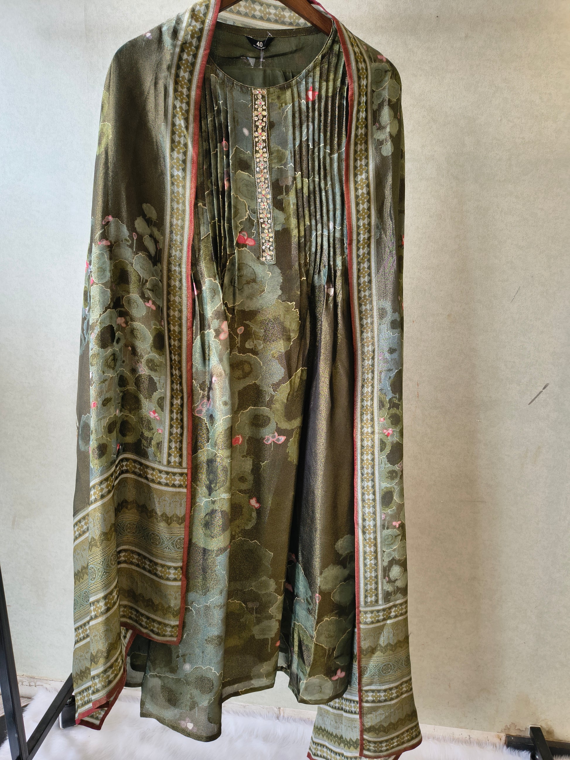 Premium Olive Green Abstract Printed A-Line Kurta Set with Dupatta