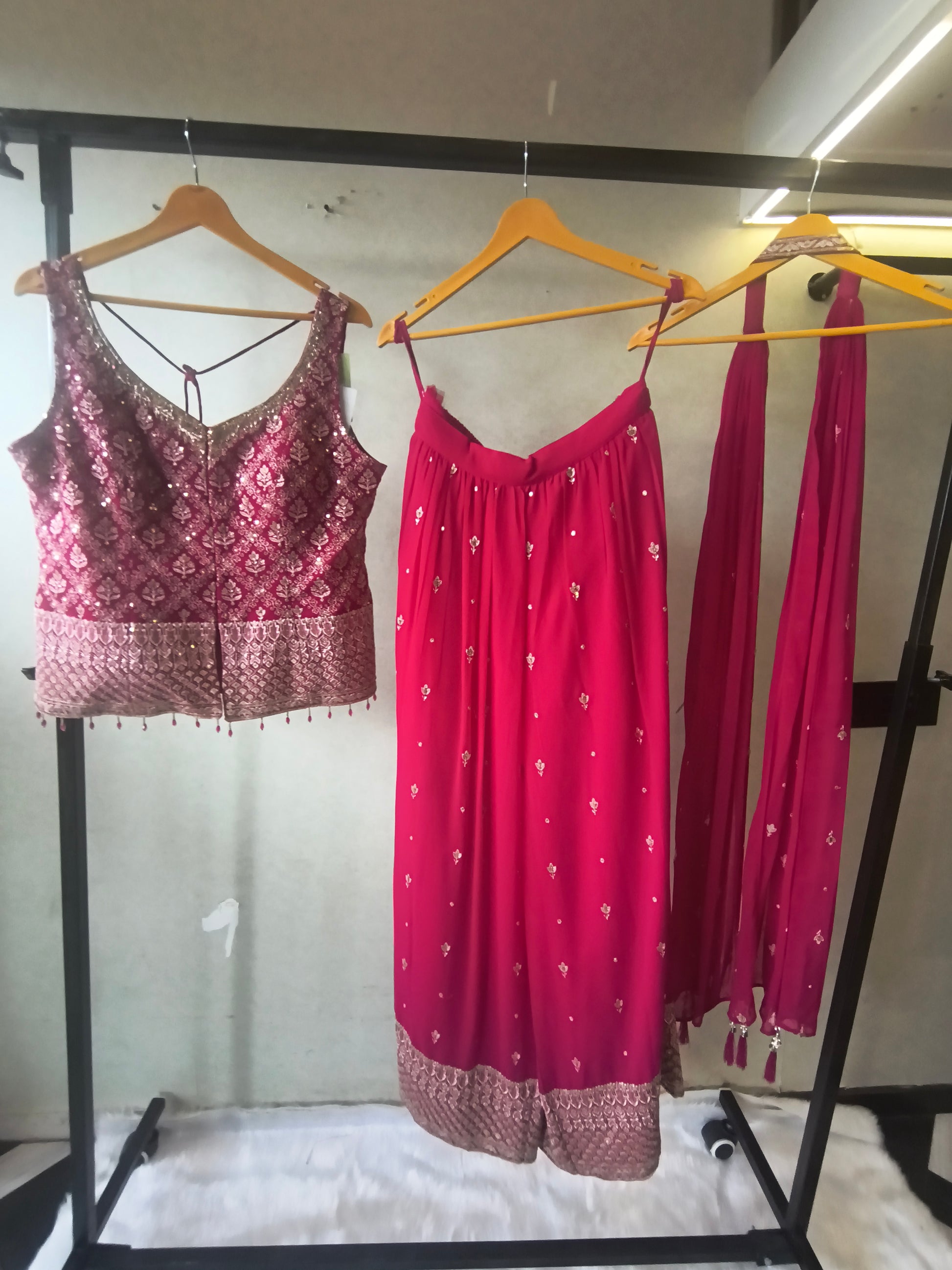 Rani Pink Zari Woven Blouse with Flared Palazzo & Embellished Dupatta – Designer 3 Piece Festive Set