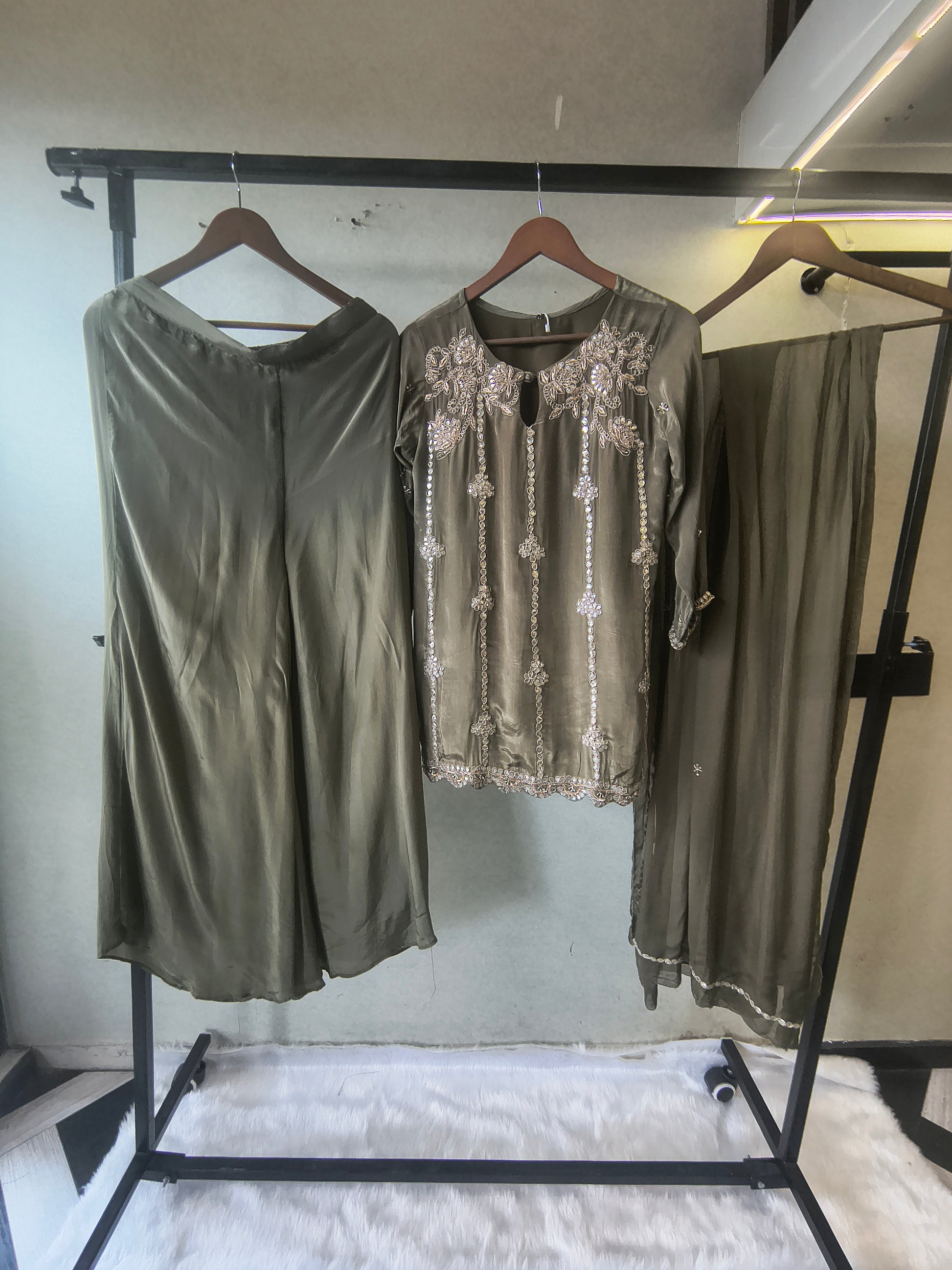Olive Green Pearl & Mirror Embroidered Kurta Set with Flared Palazzo & Organza Dupatta – Designer 3 Piece Festive Ensemble