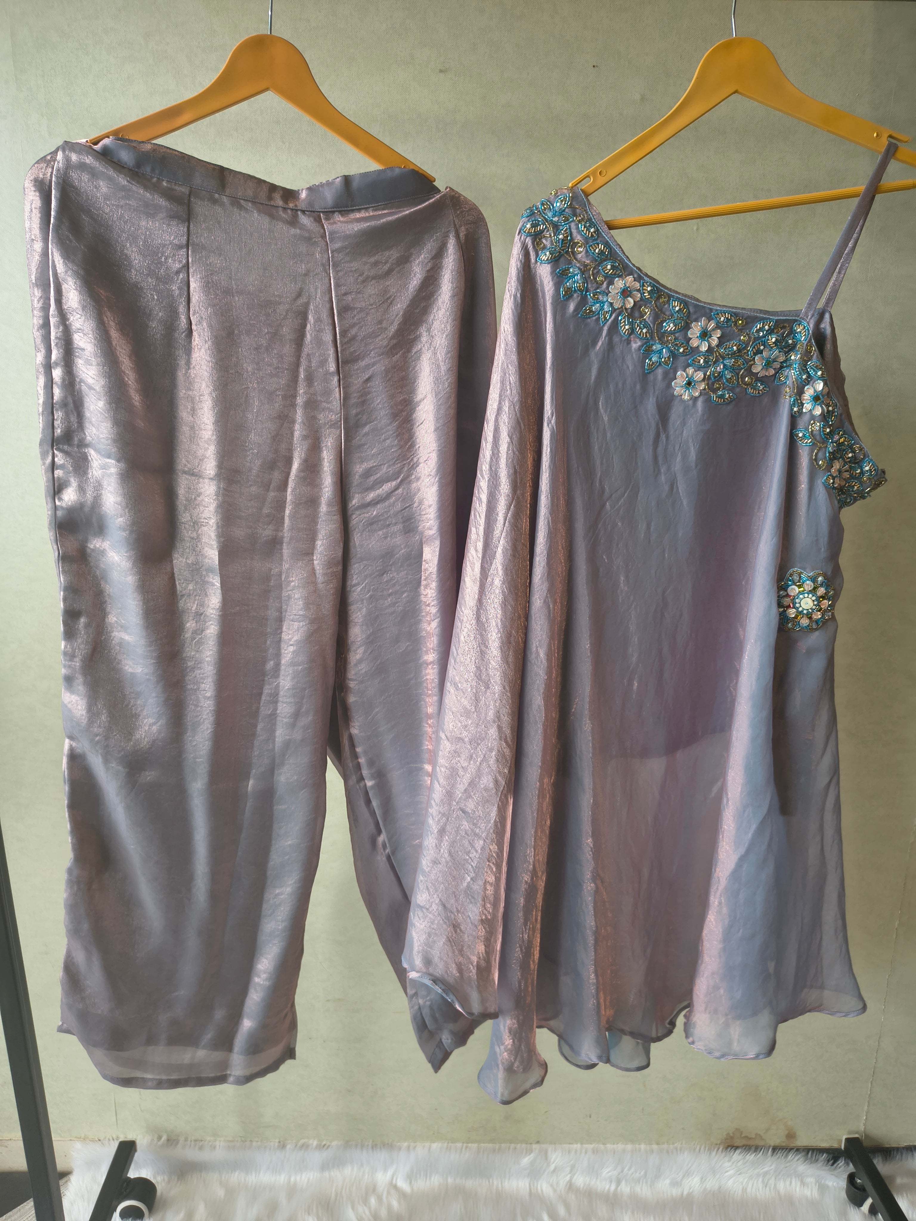 Image of Designer Lilac One-Shoulder Cape Top with Draped Tulip Pants – Luxury Indo-Western Co-Ord Set