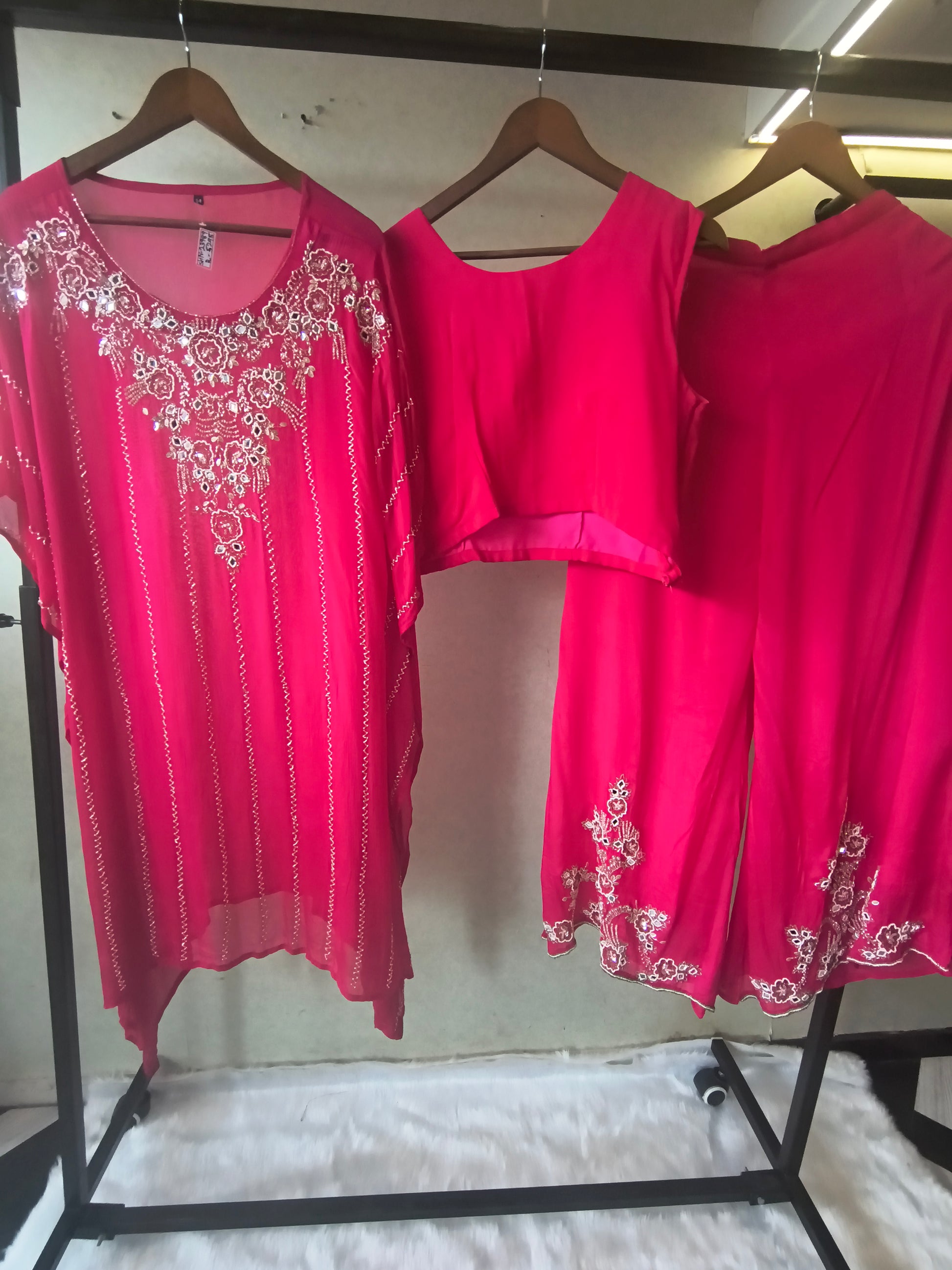 Hot Pink Mirror Embroidered Kaftan Co-Ord Set with Crop Top & Flared Palazzo – Designer 3 Piece Indo-Western Ensemble