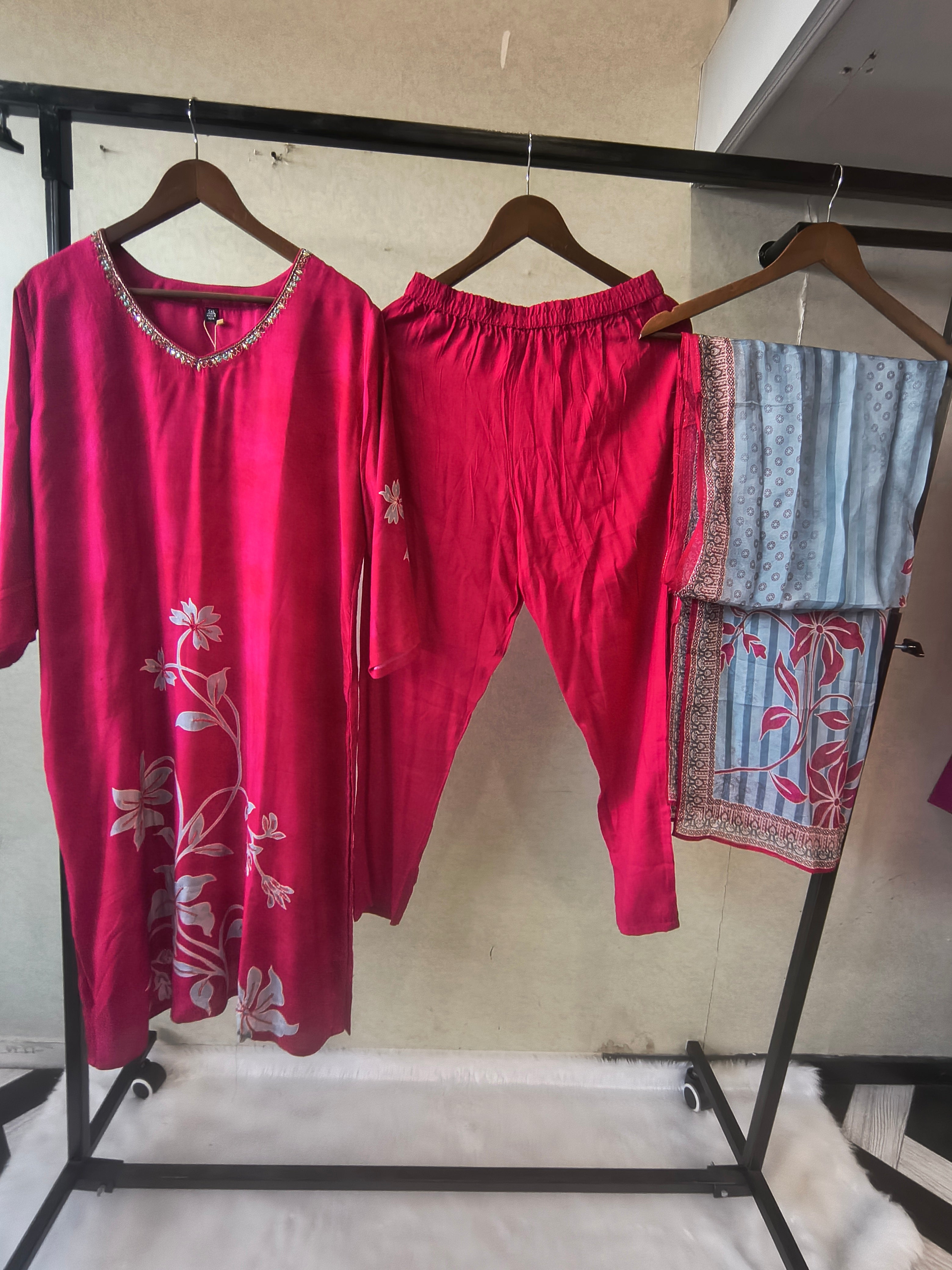 Image of Premium Fuchsia Floral Printed Kurta Set with Embellished Neckline & Contrast Dupatta