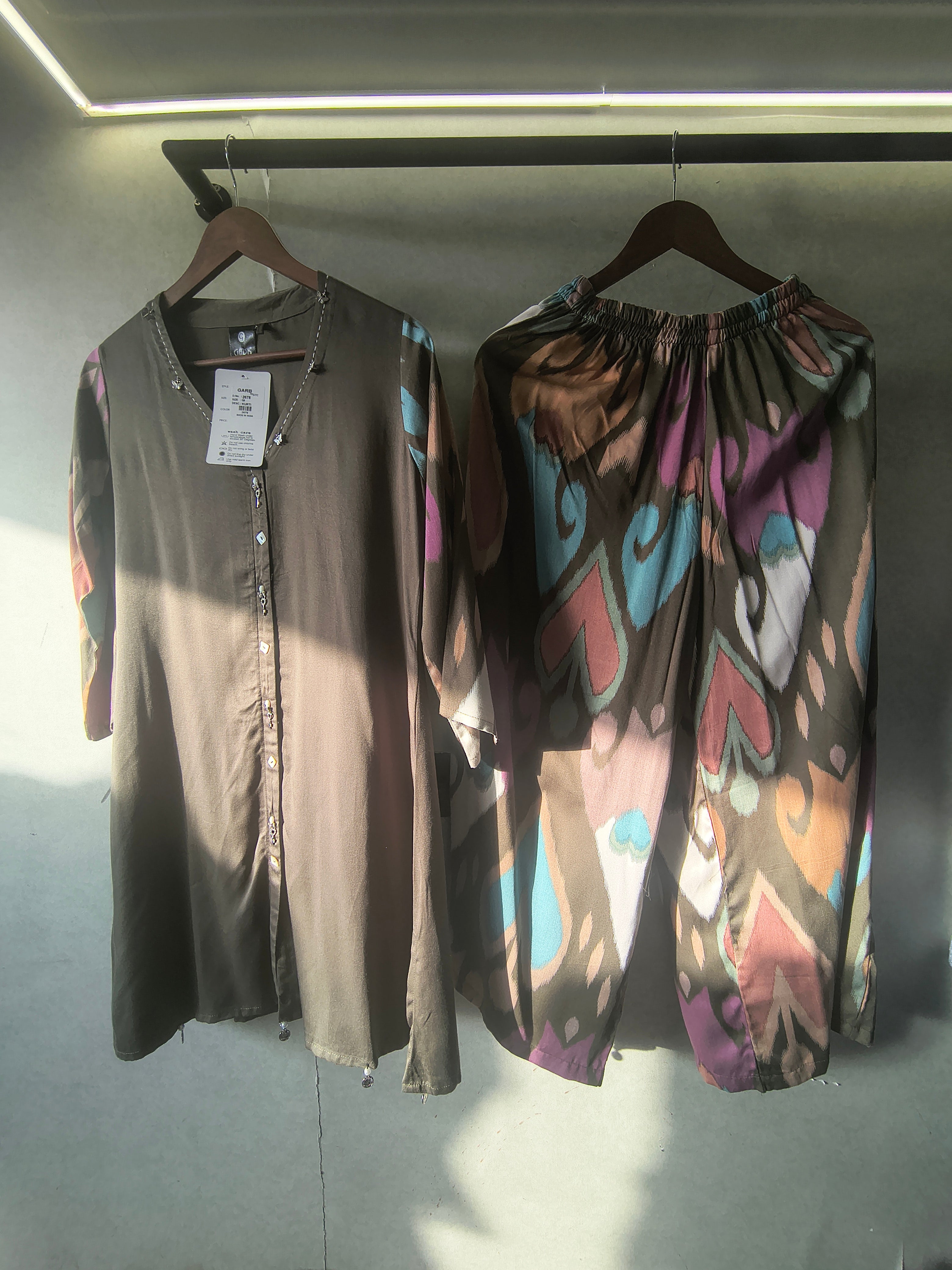 Image of Olive Green Designer Co-Ord Set with Abstract Printed Pants & Embellished Neckline