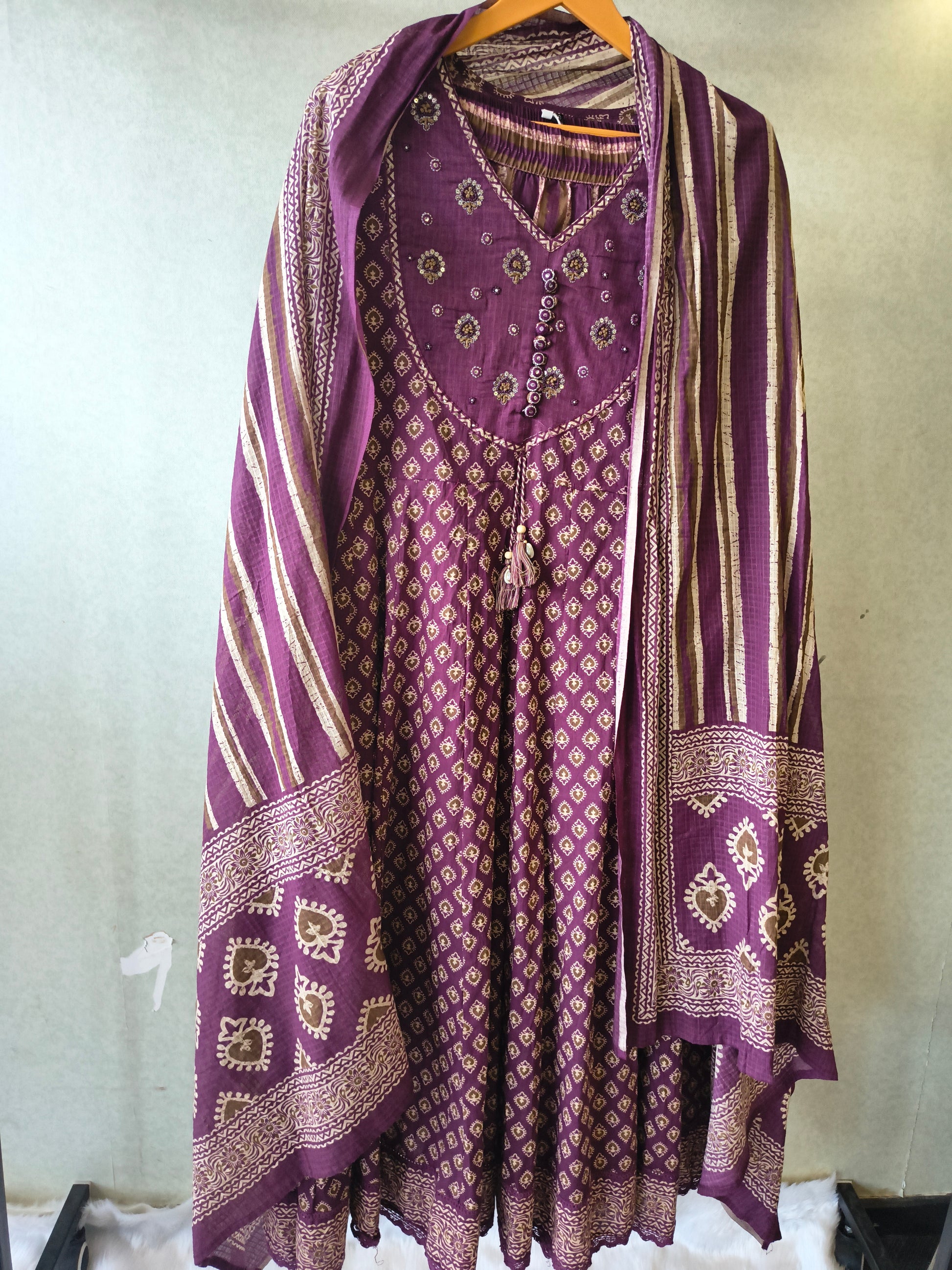 Plum Printed Cotton Anarkali Suit Set with Striped Pants & Dupatta