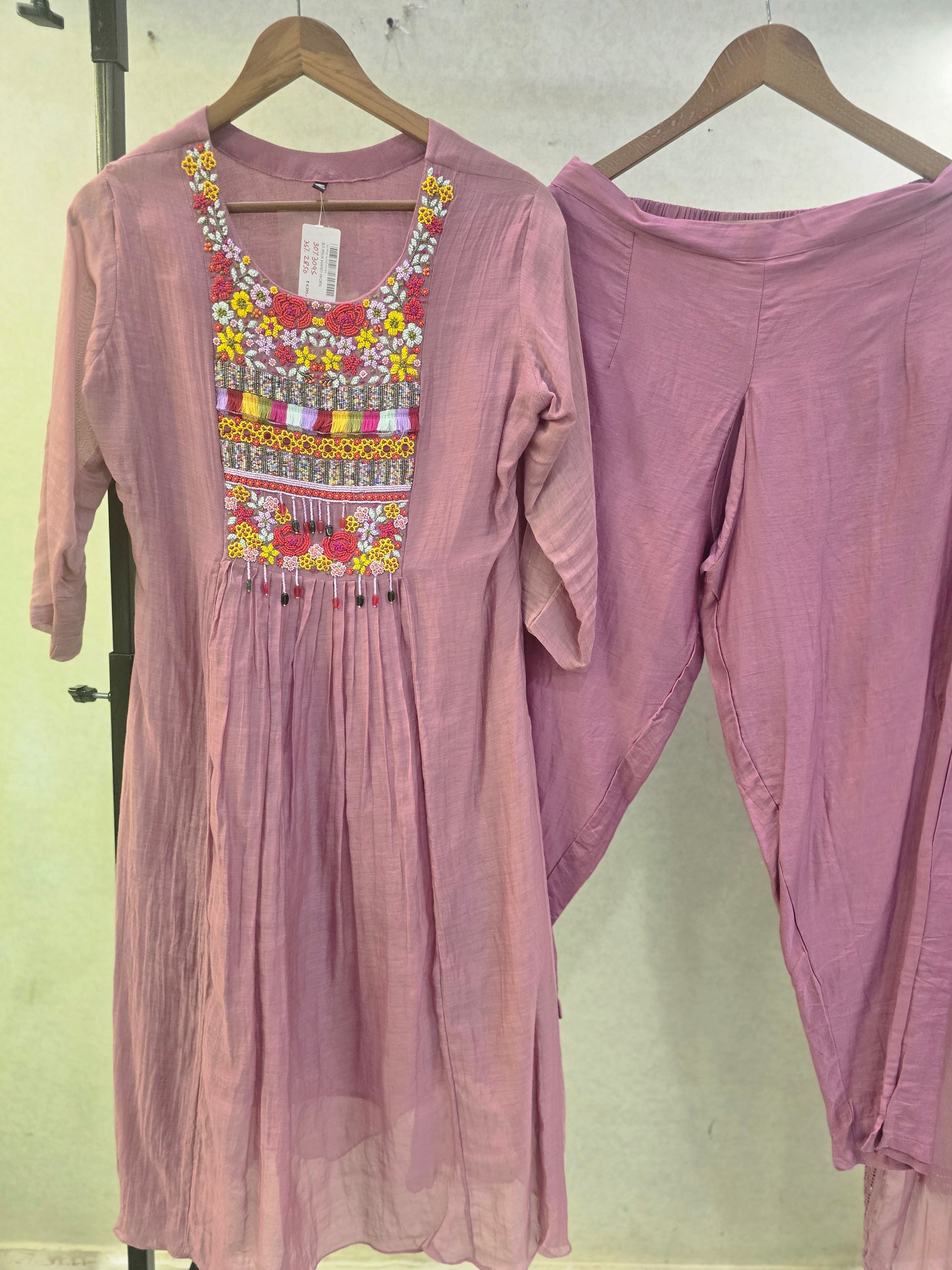 Dusty Mauve Embroidered Yoke Kurta Set with Chiffon Dupatta | Premium 3 Piece Ethnic Suit