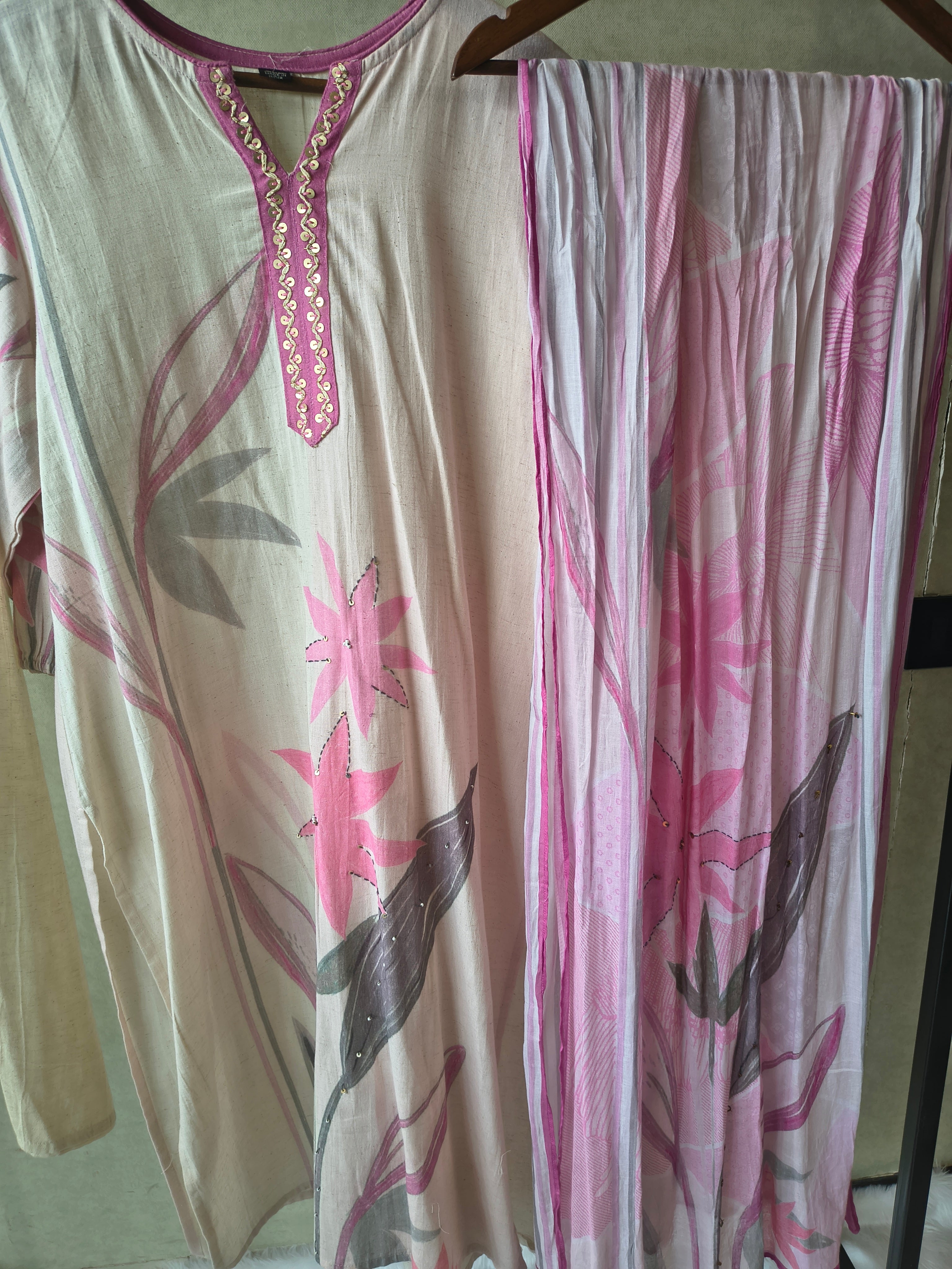 Image of Premium Blush Pink Floral Printed Straight Kurta Set with Churidar Pants & Soft Printed Dupatta
