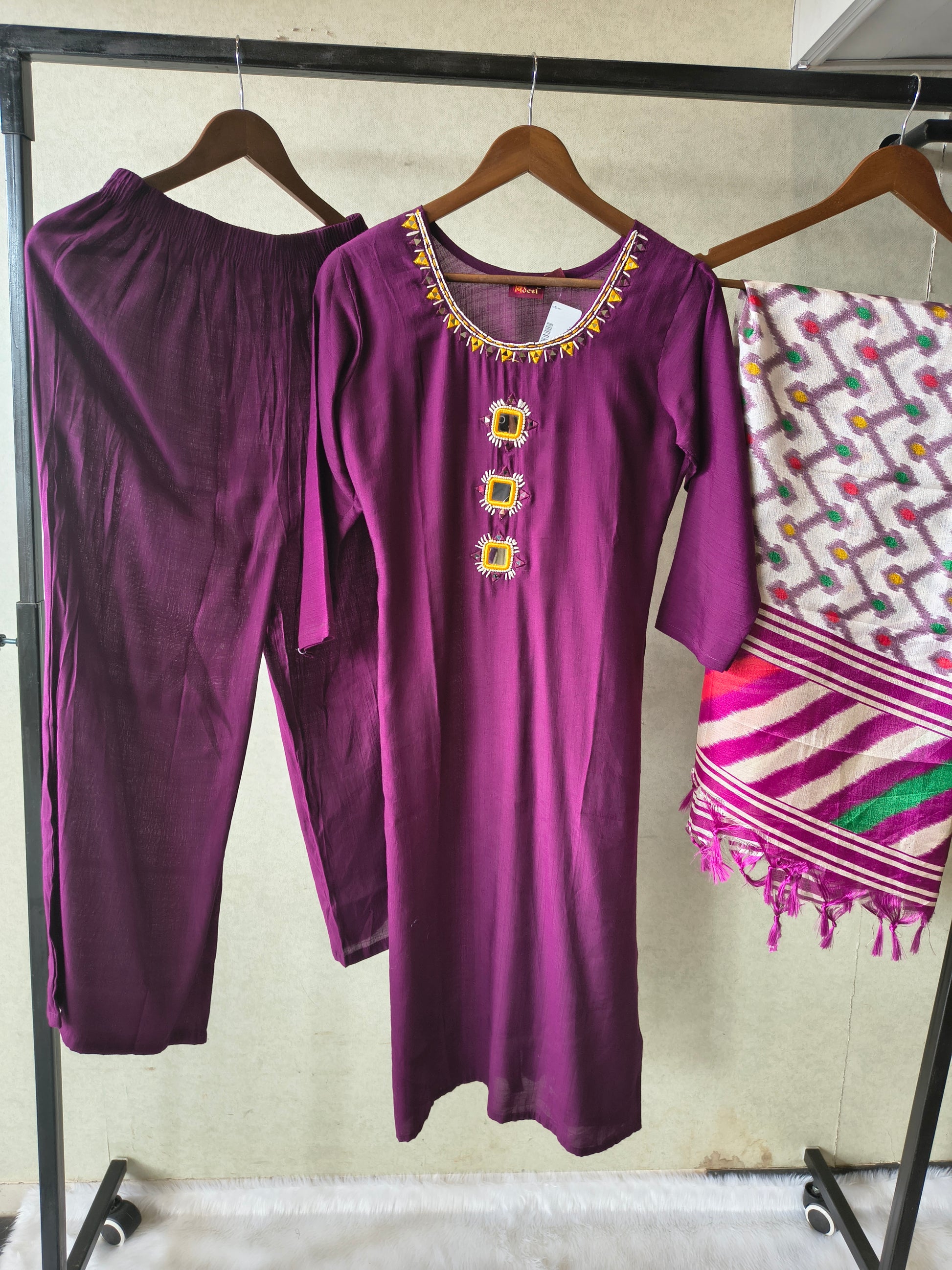 Premium Royal Purple Straight Kurta Set with Mirror Work Neckline, Solid Pants & Ikat Printed Dupatta