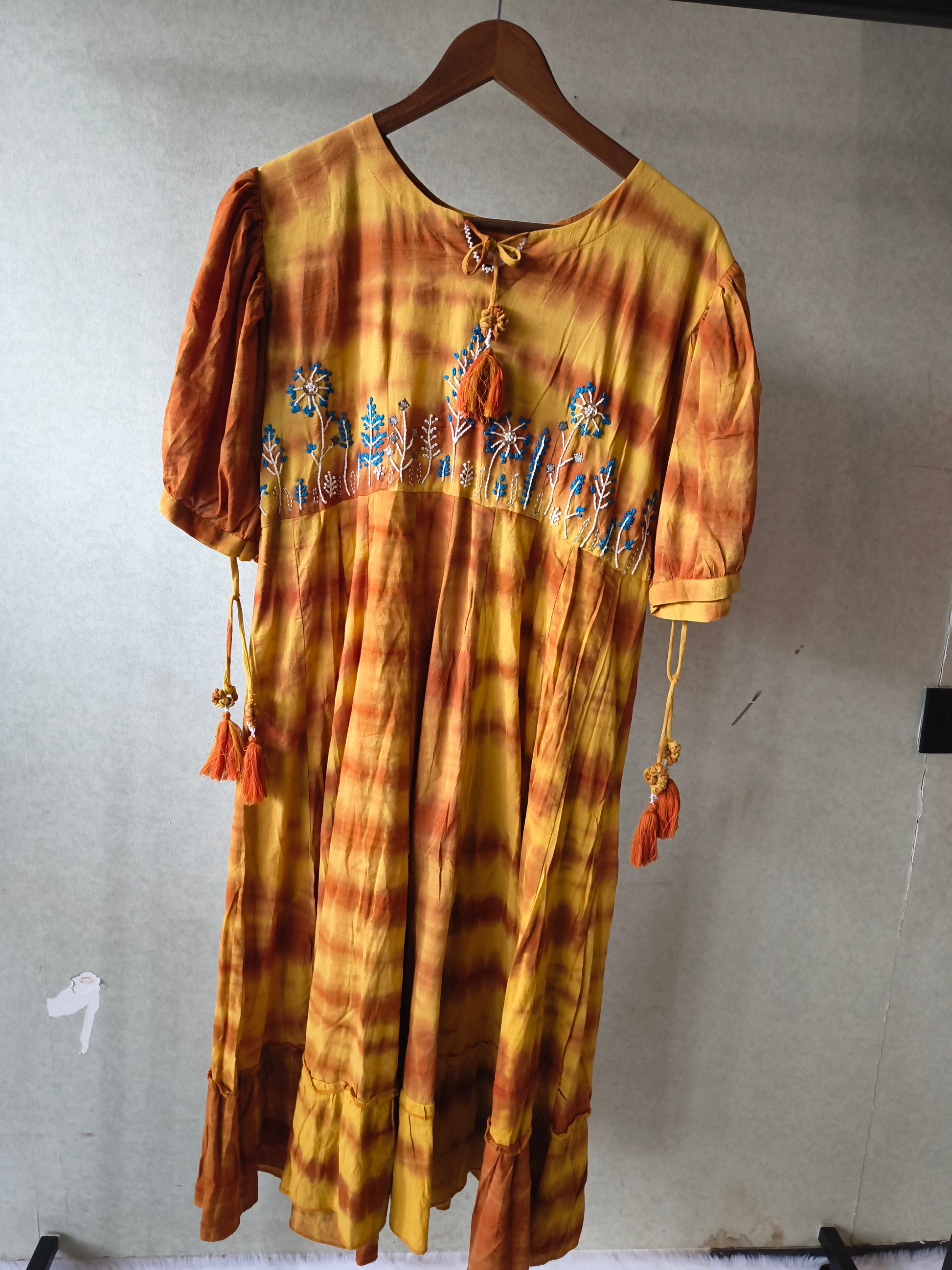 Premium Mustard Tie-Dye Embroidered Cotton Flared Dress