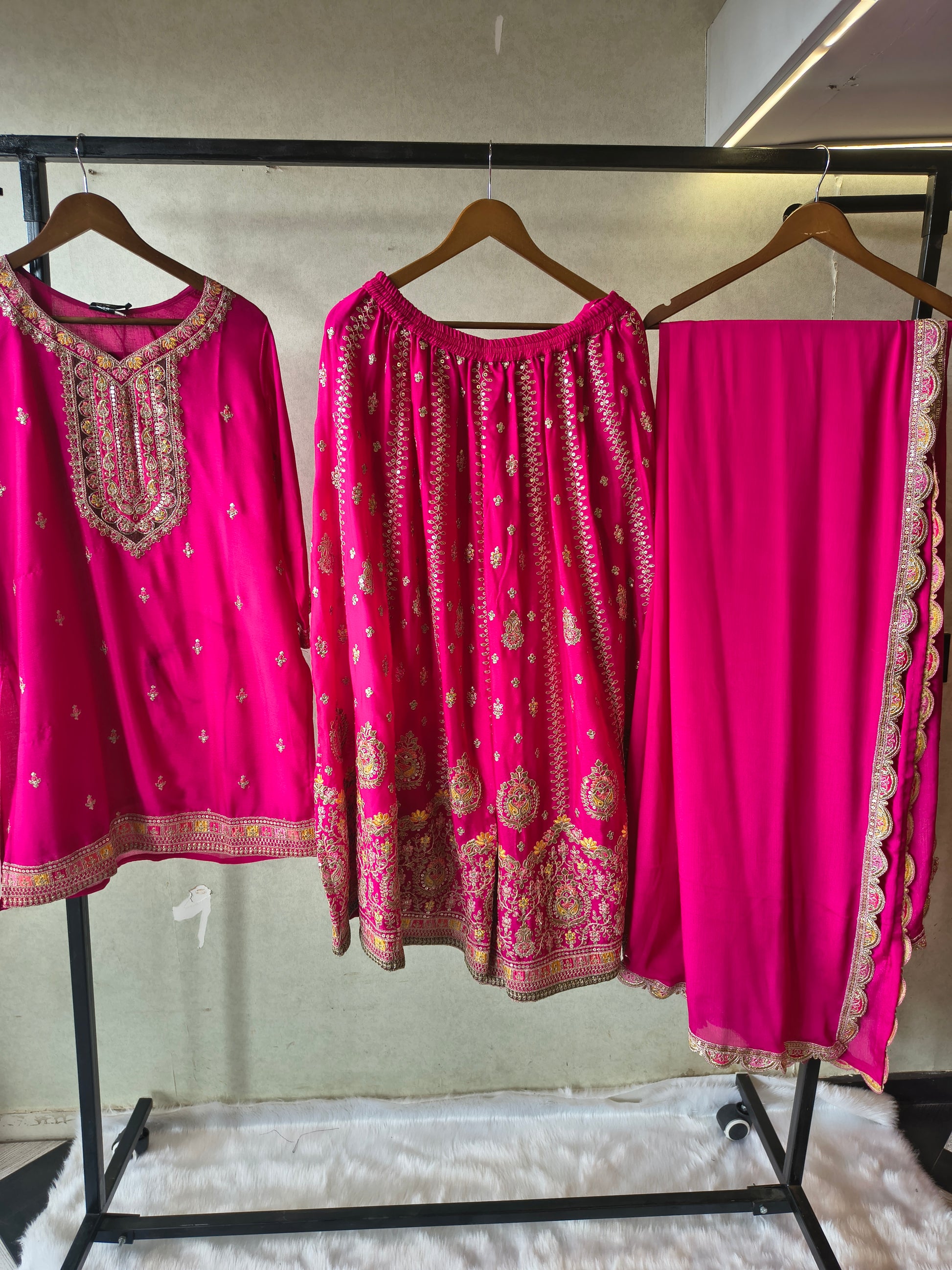Rani Pink Embroidered Kurta Sharara Set with Scalloped Dupatta – Premium 3 Piece Festive Ensemble