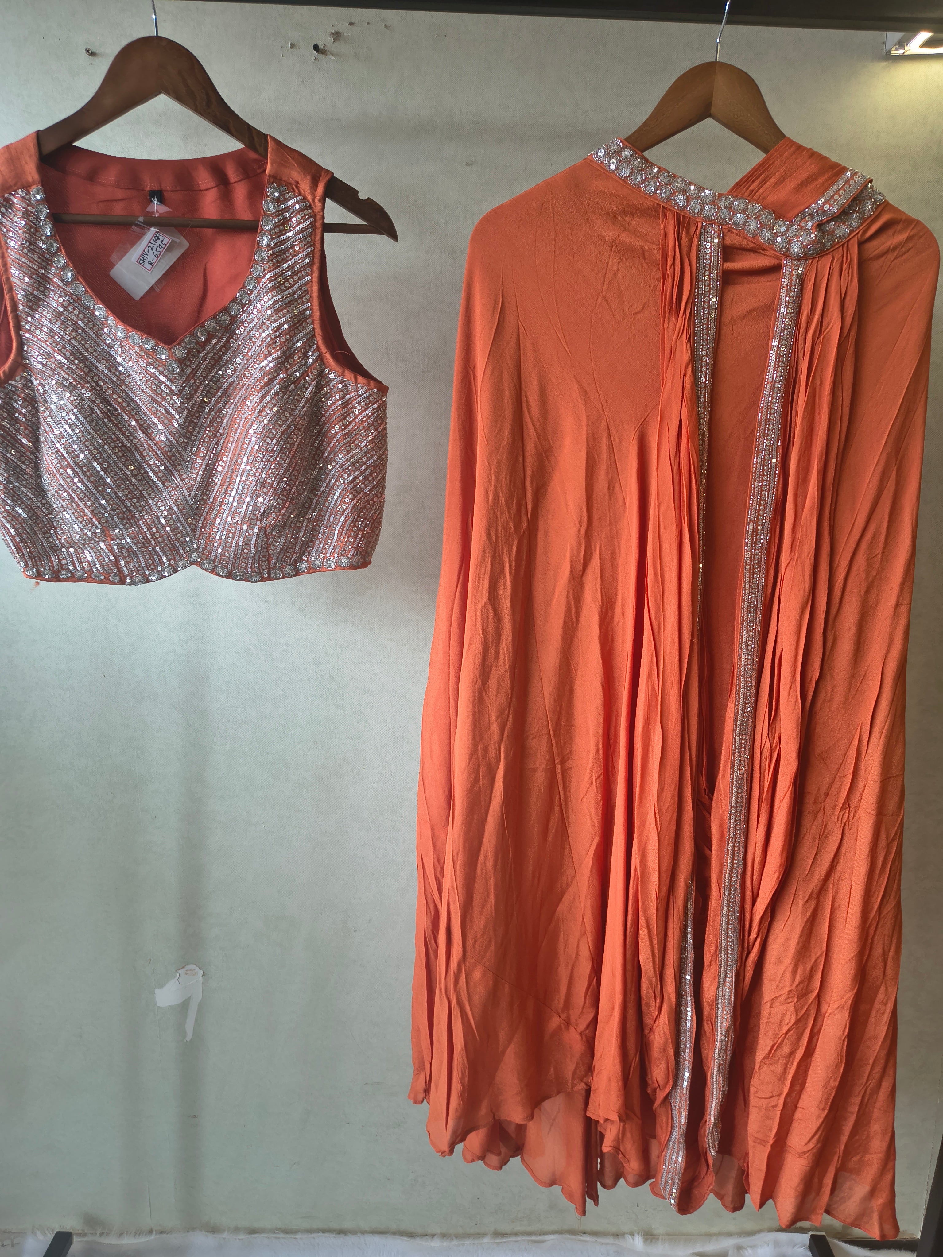 Image of Burnt Orange Embellished Designer Blouse with Drape Palazzo & Cape – 3 Piece Indo-Western Party Wear Set
