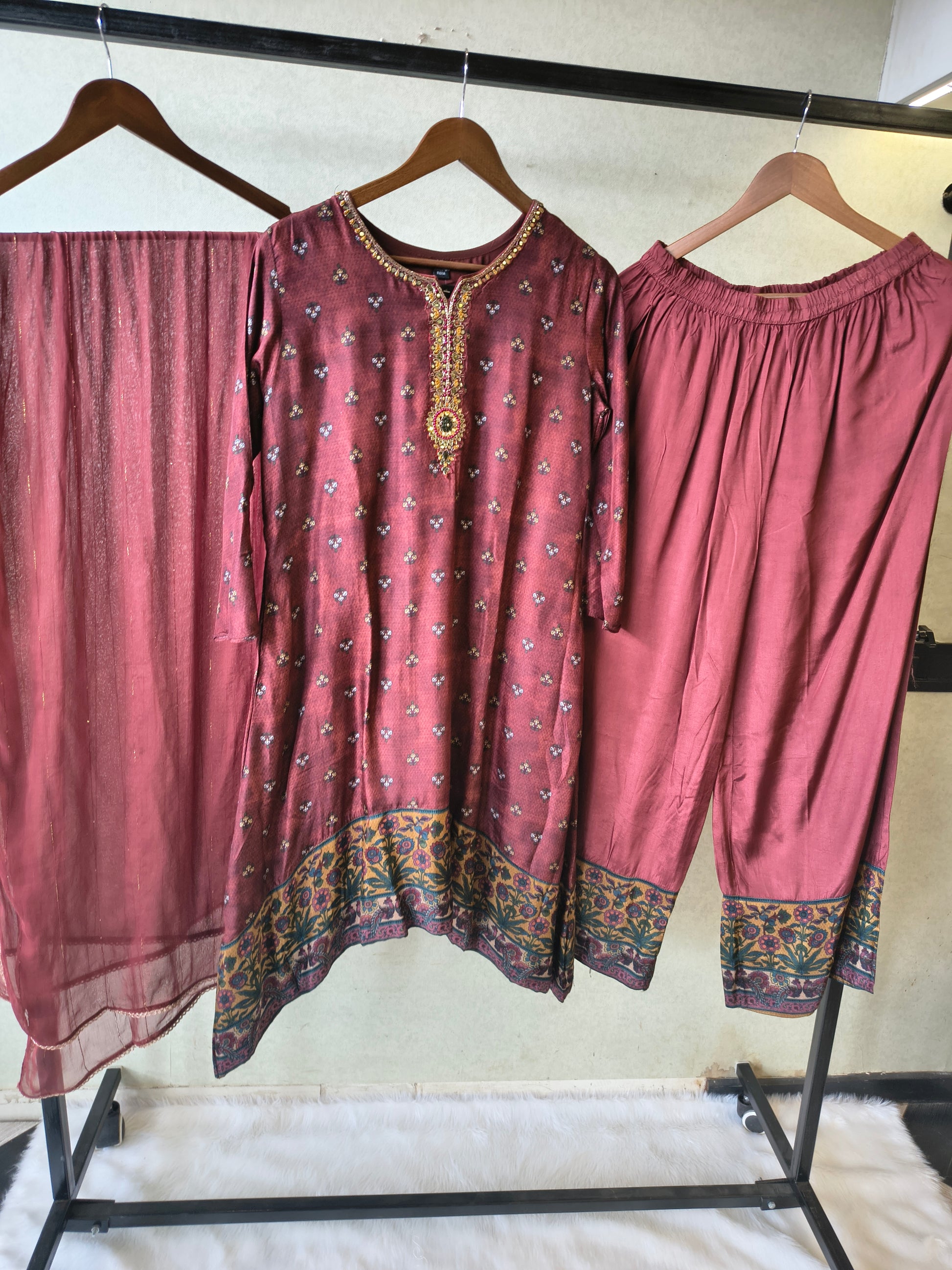 Premium Wine Floral Border Kurta with Straight Pants & Shimmer Dupatta Set