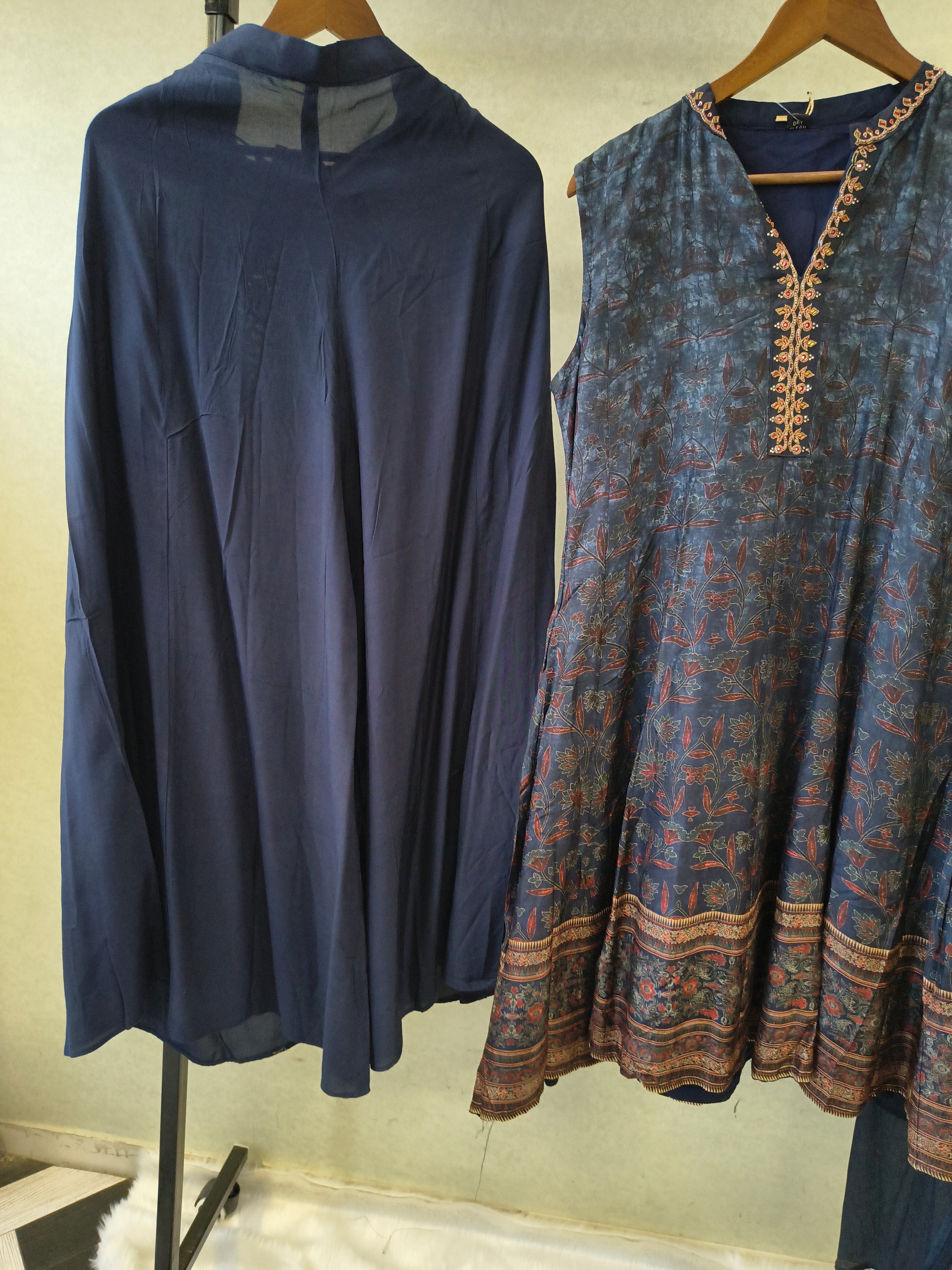 Image of Midnight Navy Printed Anarkali Kurta Set with Embroidered Neckline, Palazzo & Chiffon Dupatta | Premium 3 Piece Festive Ensemble