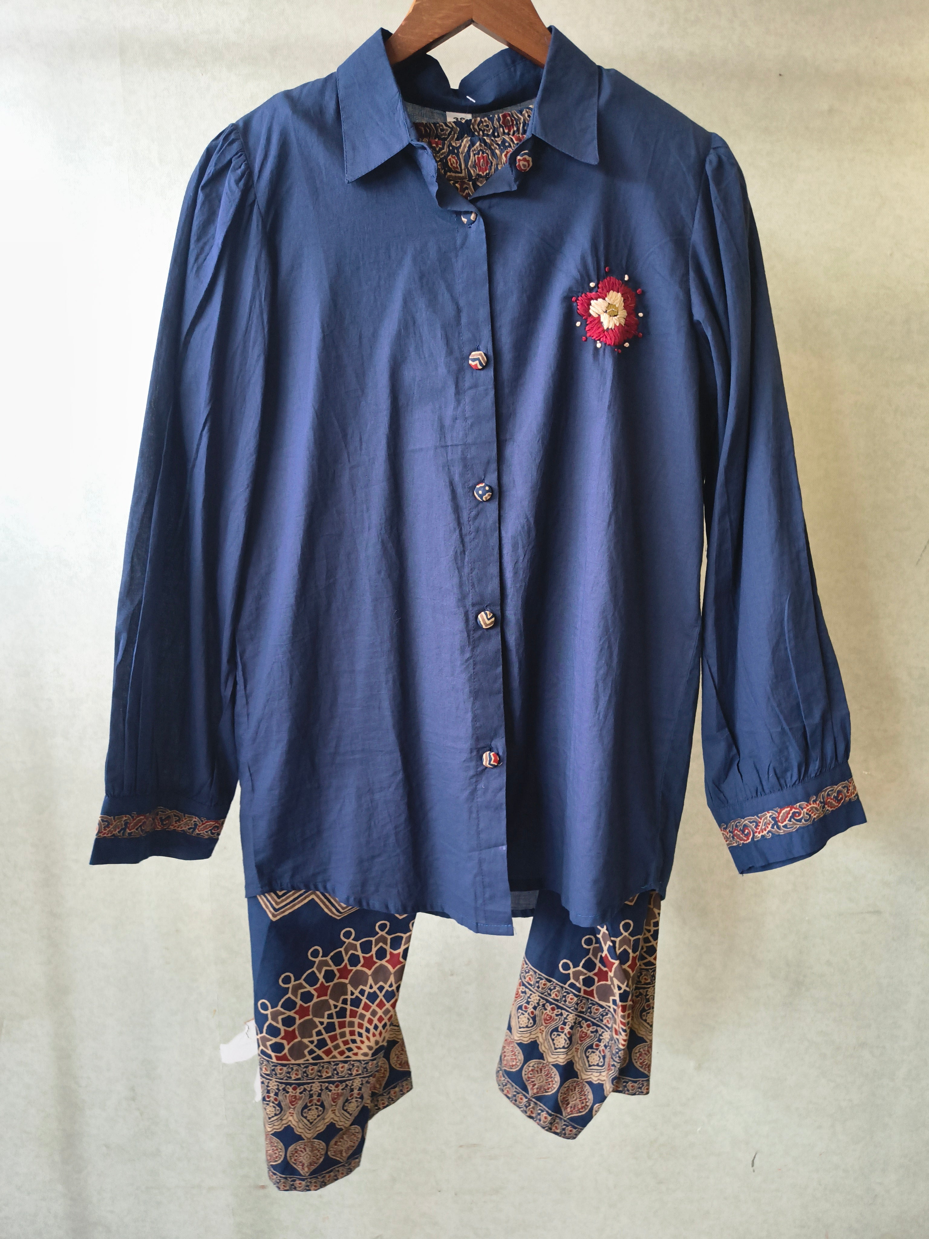 Image of Navy Blue Designer Shirt Co-Ord Set with Statement Printed Palazzo Pants