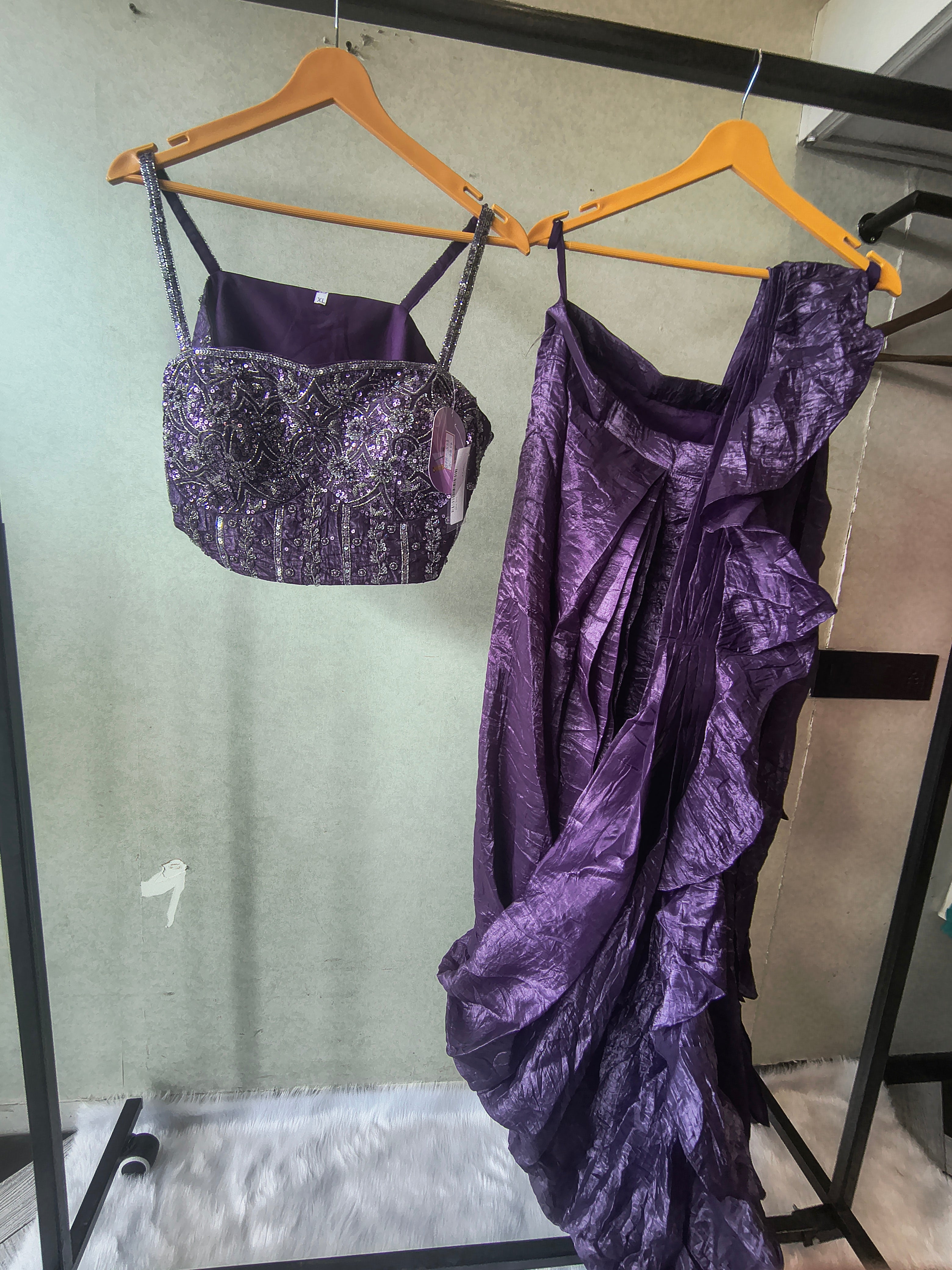Image of Premium Purple Pre-Draped Designer Saree with Heavy Hand Embroidered Sequins Blouse