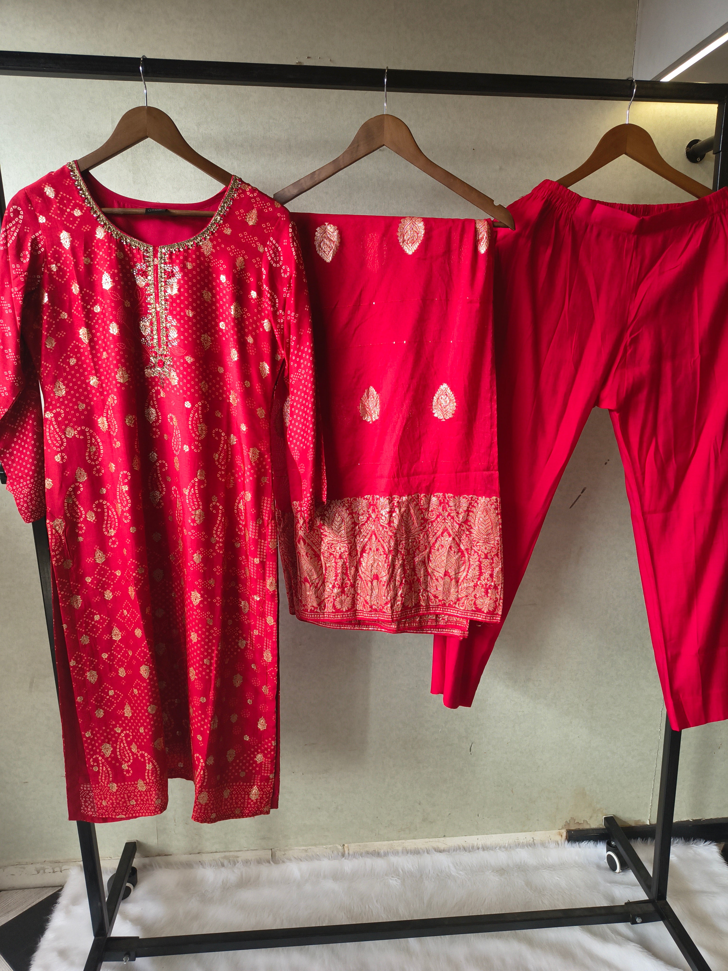 Image of Premium Crimson Red Zari Woven Kurta with Straight Pants & Banarasi Border Dupatta Set