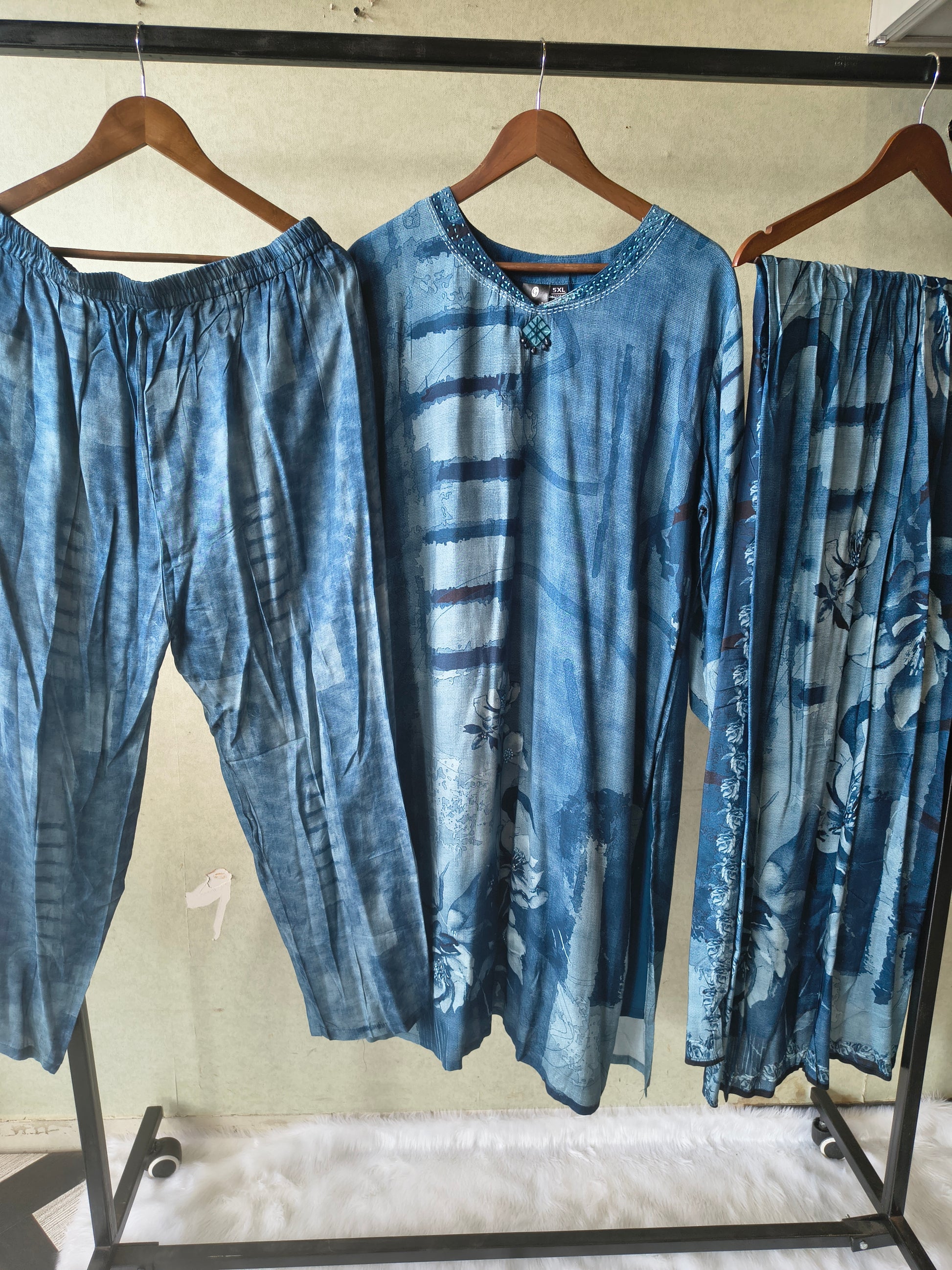 Premium Teal Blue Abstract Printed Kurta Set with Pants & Dupatta