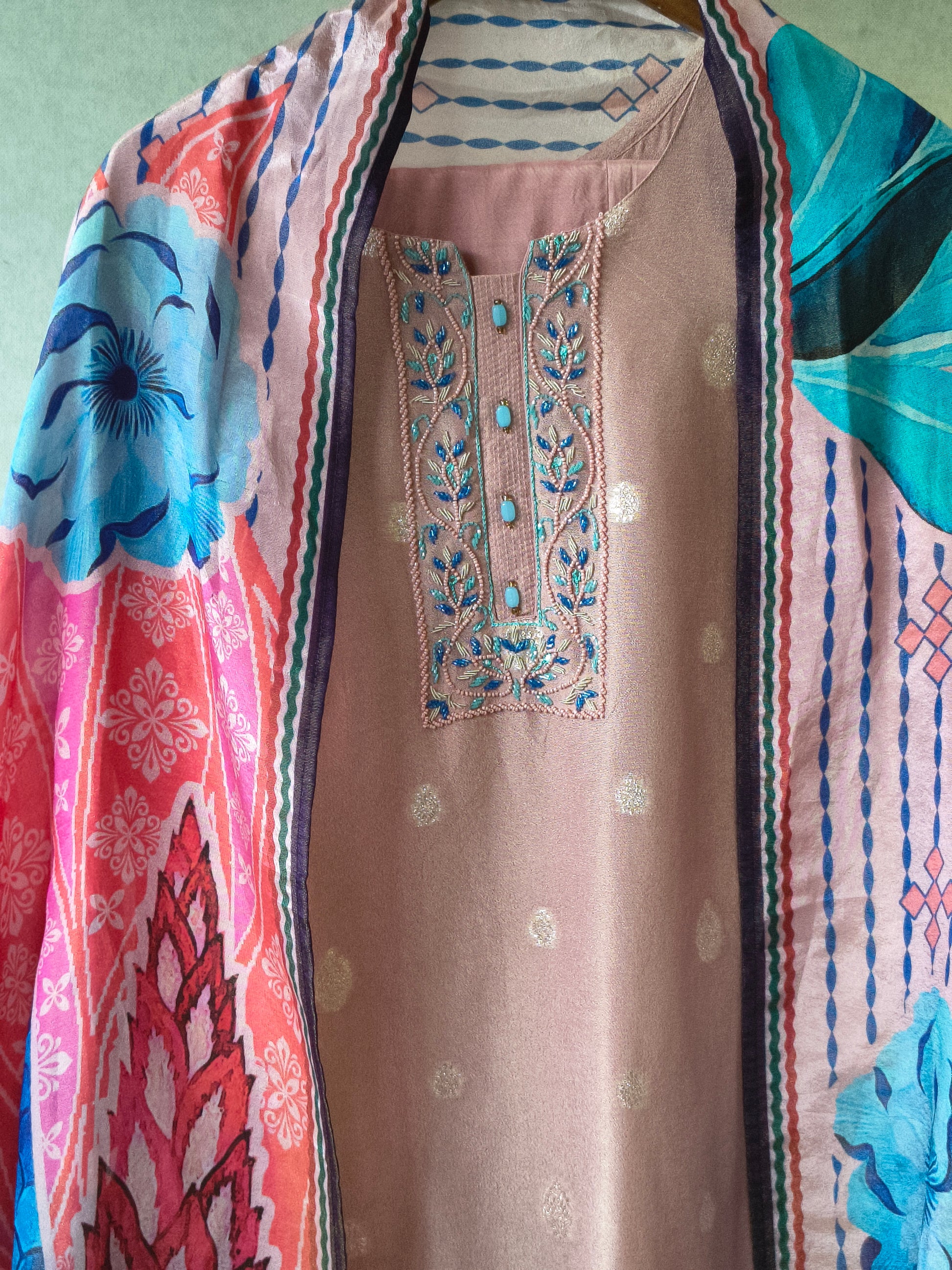 Premium Blush Pink Embroidered Straight Kurta with Cigarette Pants & Designer Printed Dupatta Set