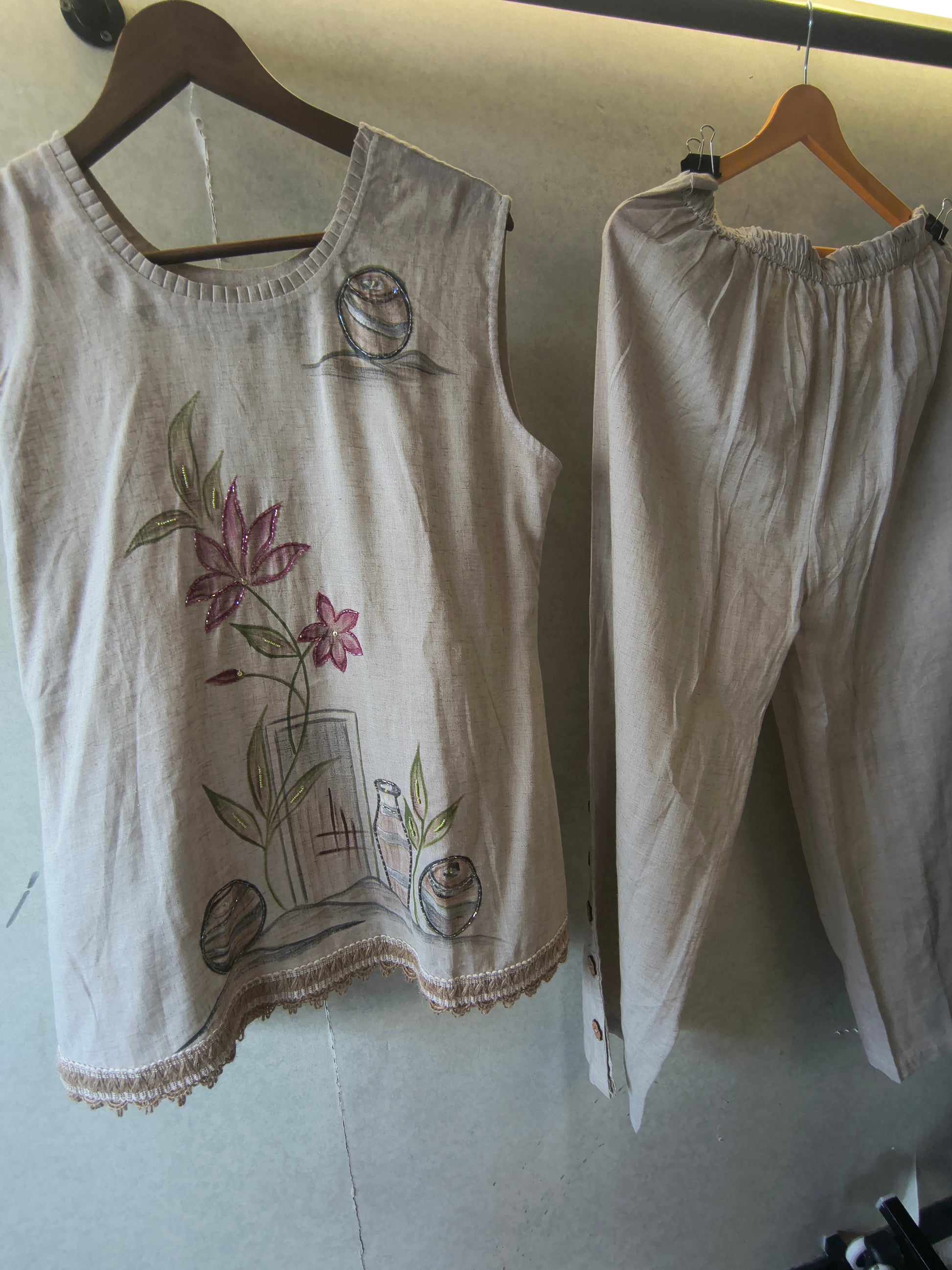 Ivory Floral Hand-Painted Linen Co-Ord Set