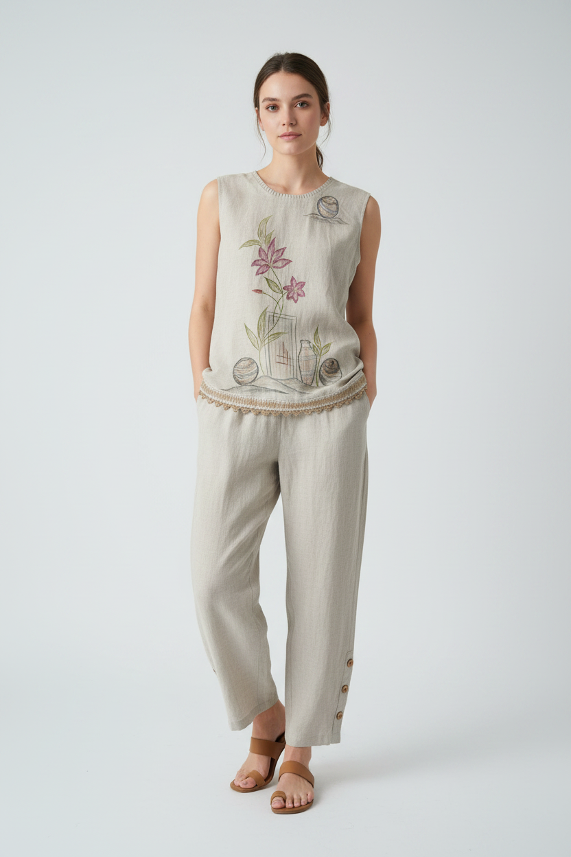 Ivory Floral Hand-Painted Linen Co-Ord Set
