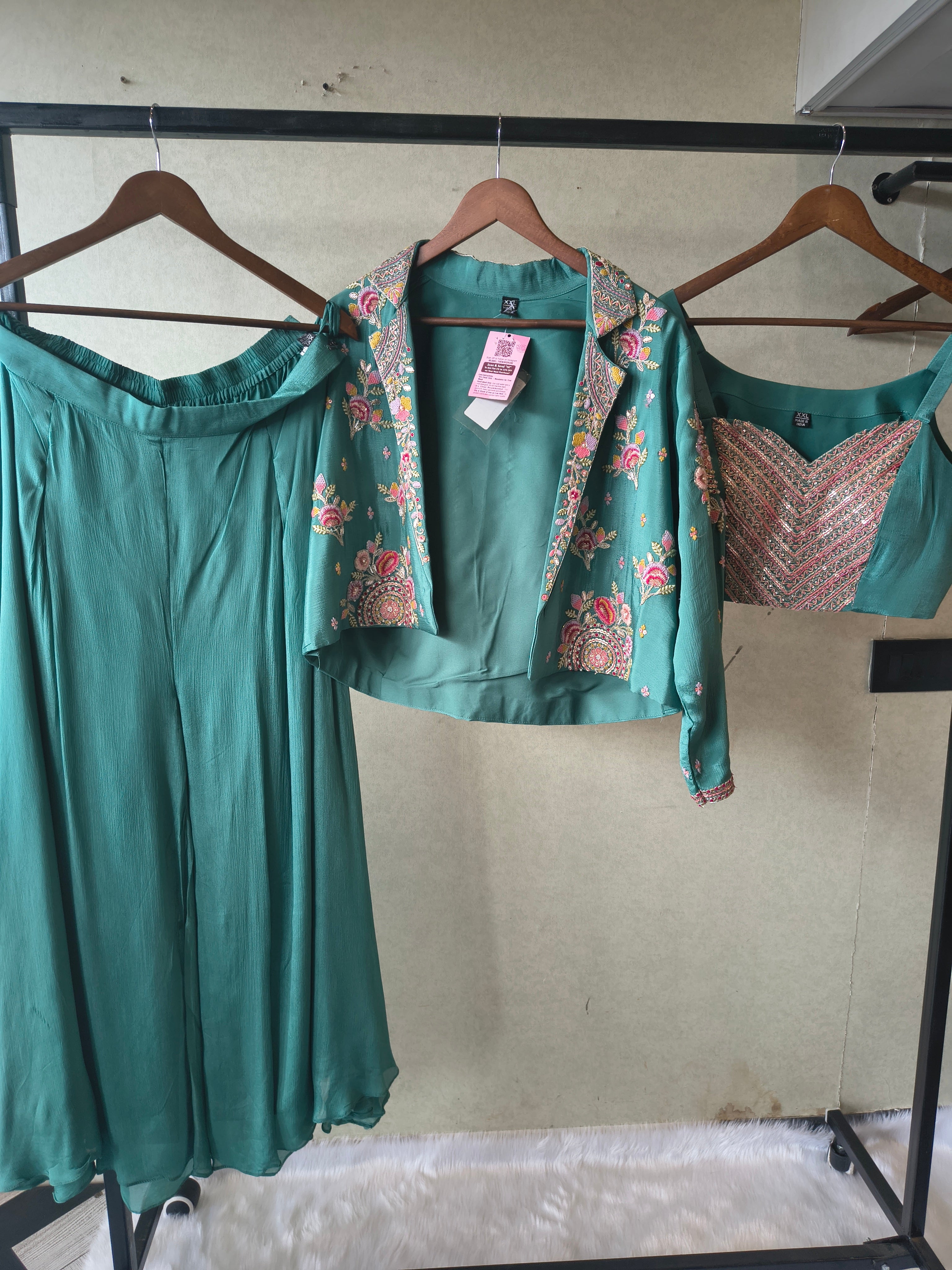 Image of Premium Emerald Green 3-Piece Designer Palazzo Set with Heavy Embroidered Jacket & Sequins Blouse