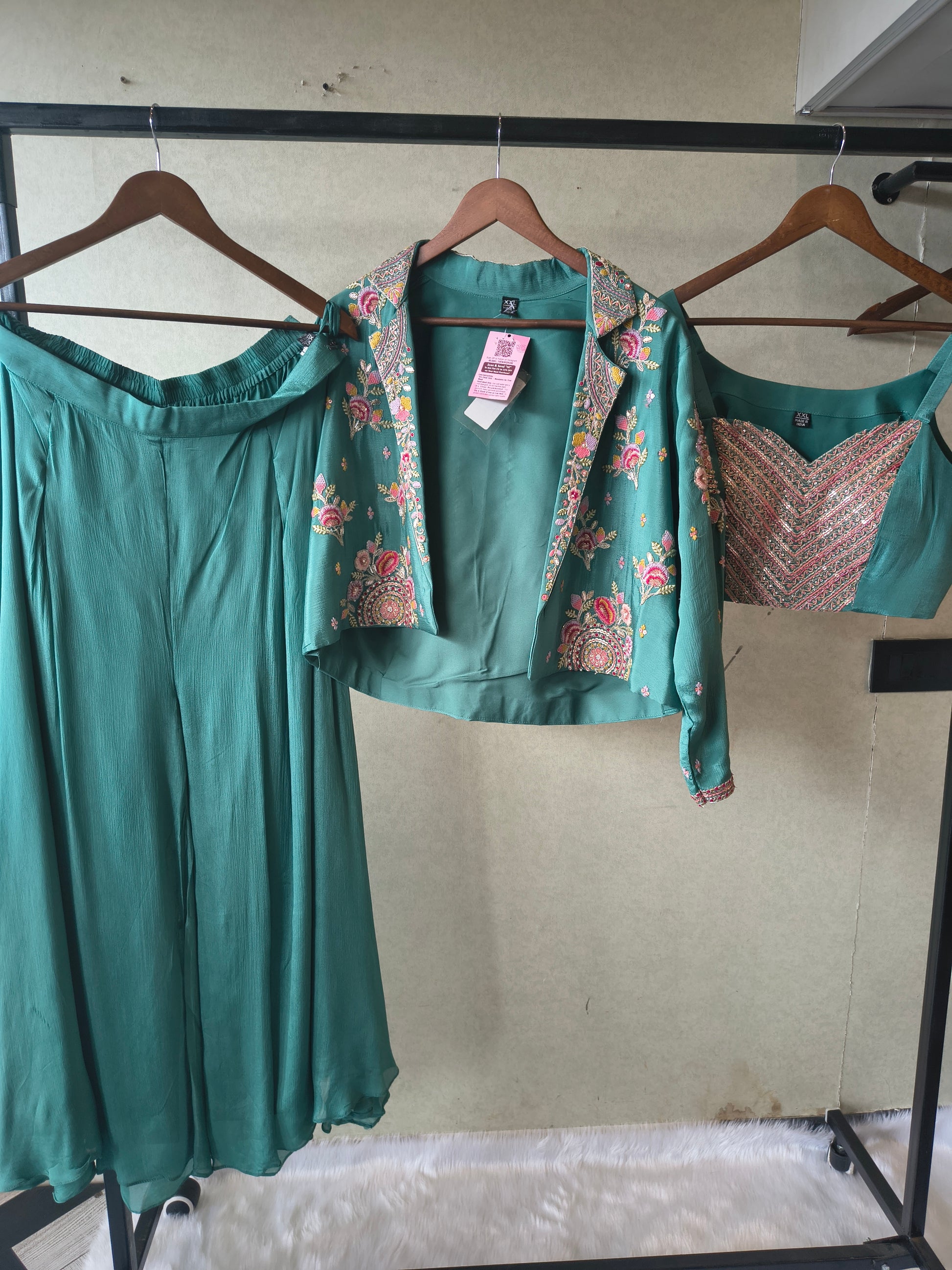 Premium Emerald Green 3-Piece Designer Palazzo Set with Heavy Embroidered Jacket & Sequins Blouse