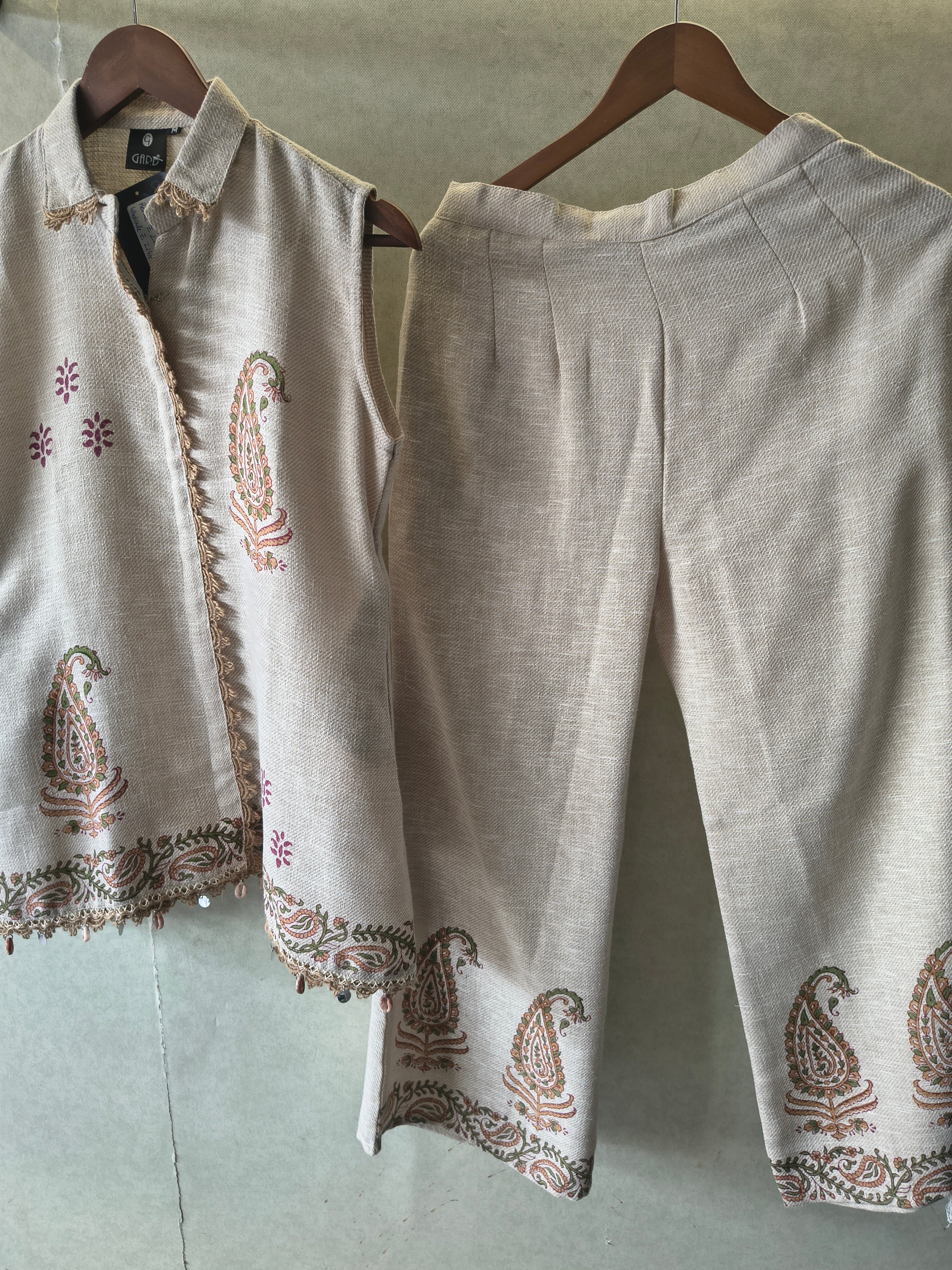 Image of Natural Beige Paisley Printed Sleeveless Designer Co-Ord Set