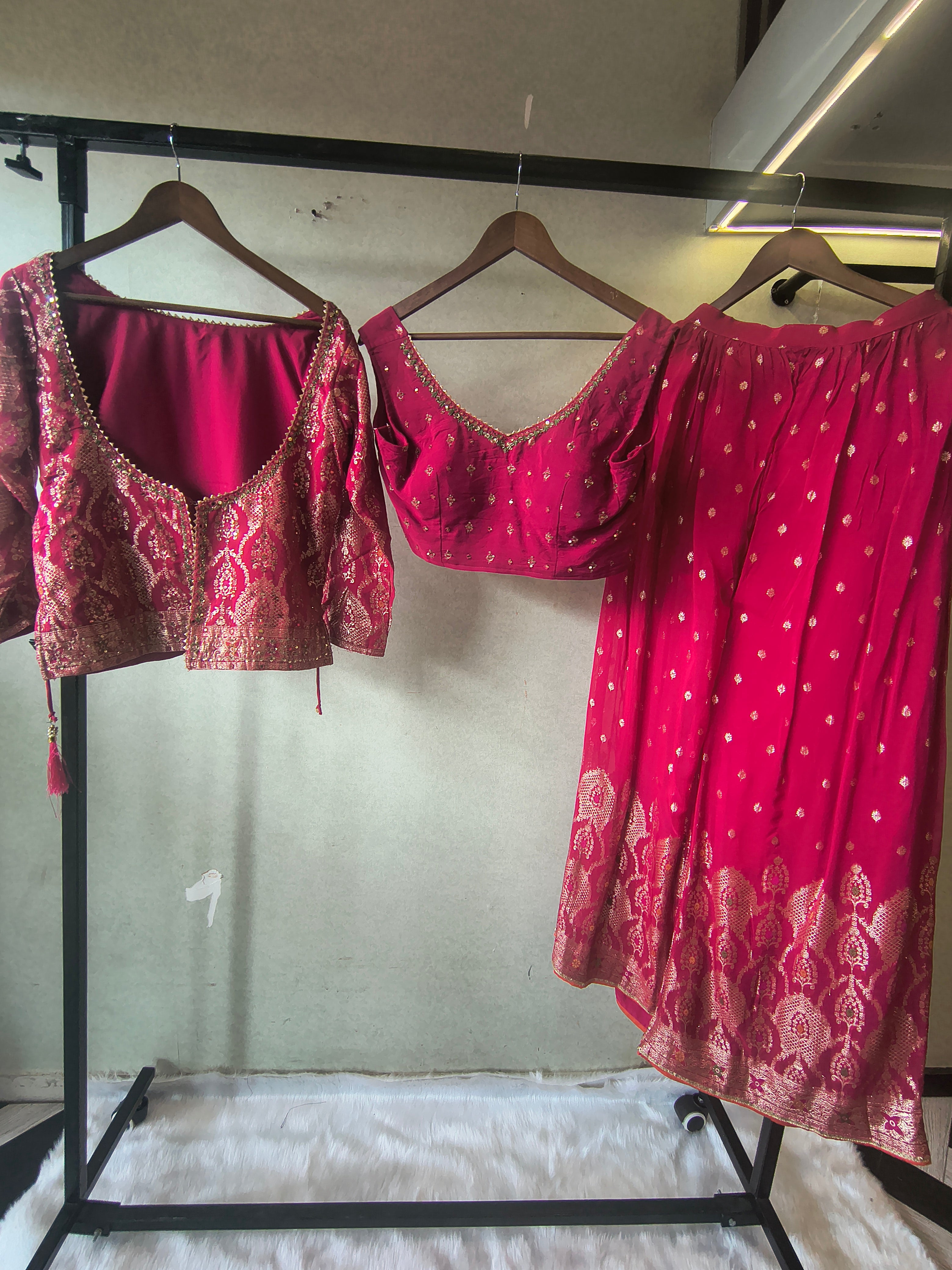 Image of Rani Pink Banarasi Lehenga Set with Dual Designer Blouses – Woven Festive Wedding Ensemble