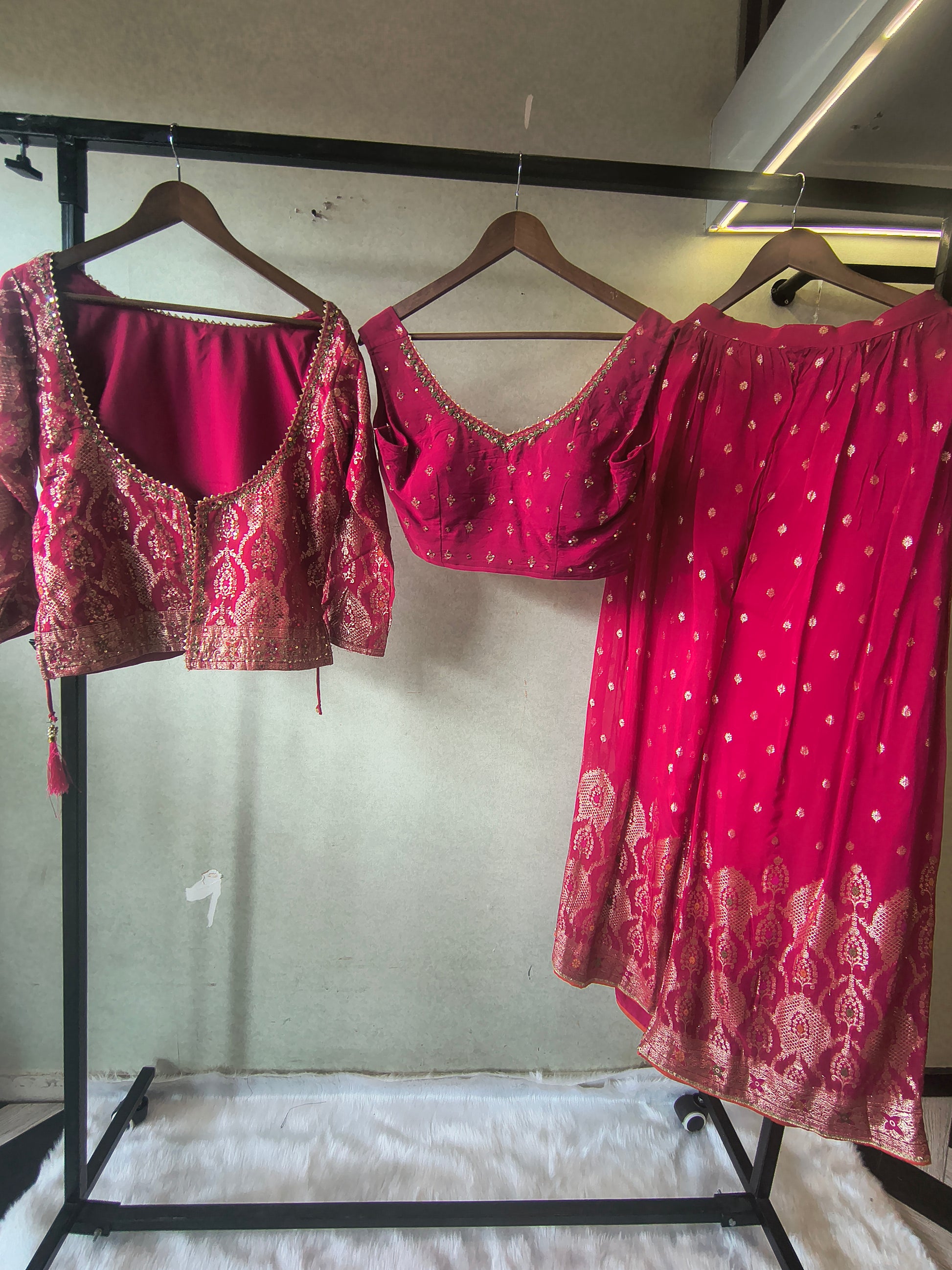 Rani Pink Banarasi Lehenga Set with Dual Designer Blouses – Woven Festive Wedding Ensemble