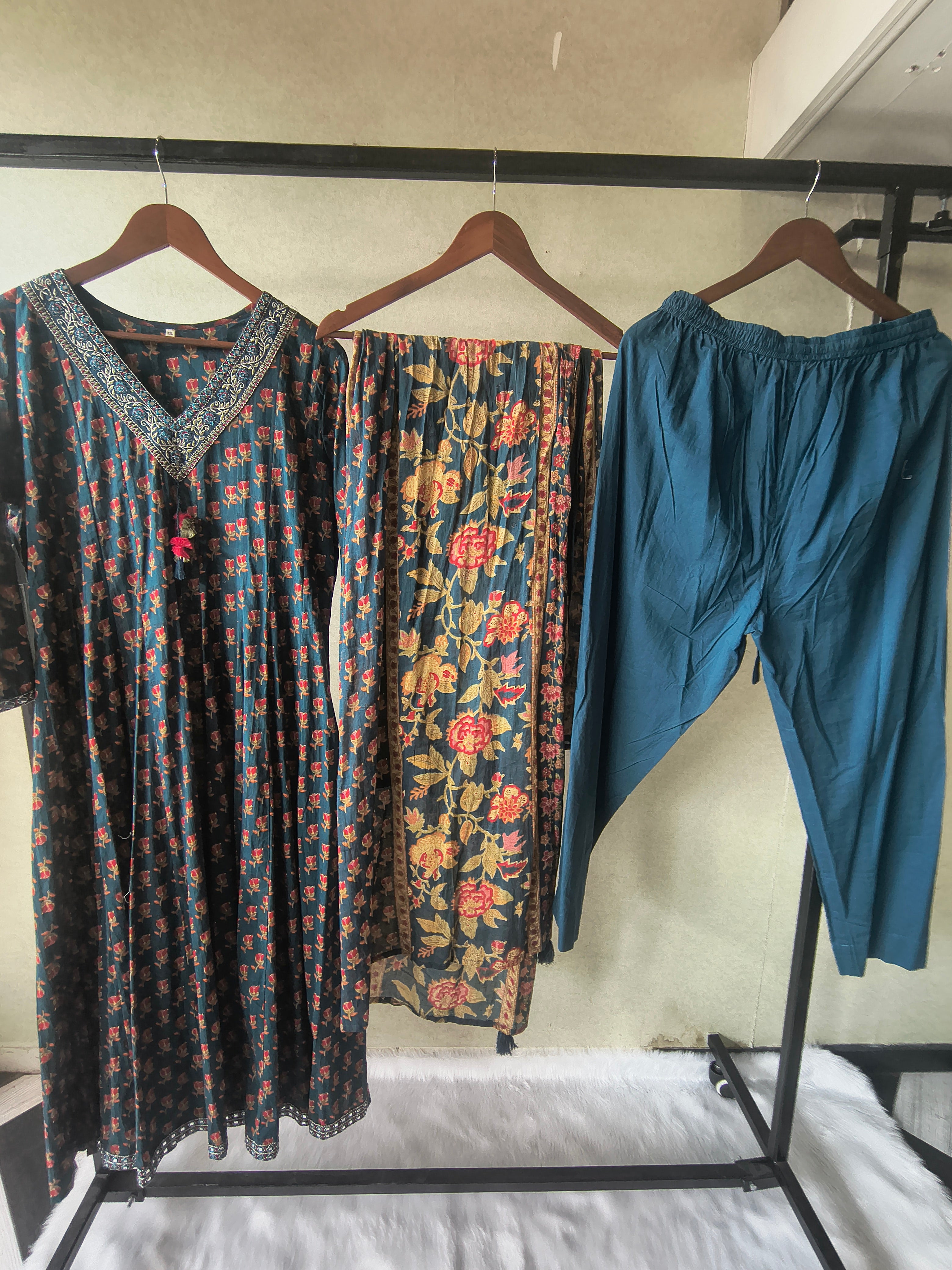 Image of Premium Teal Blue Floral Printed Anarkali Kurta Set with Embroidered V-Neck, Solid Pants & Designer Printed Dupatta