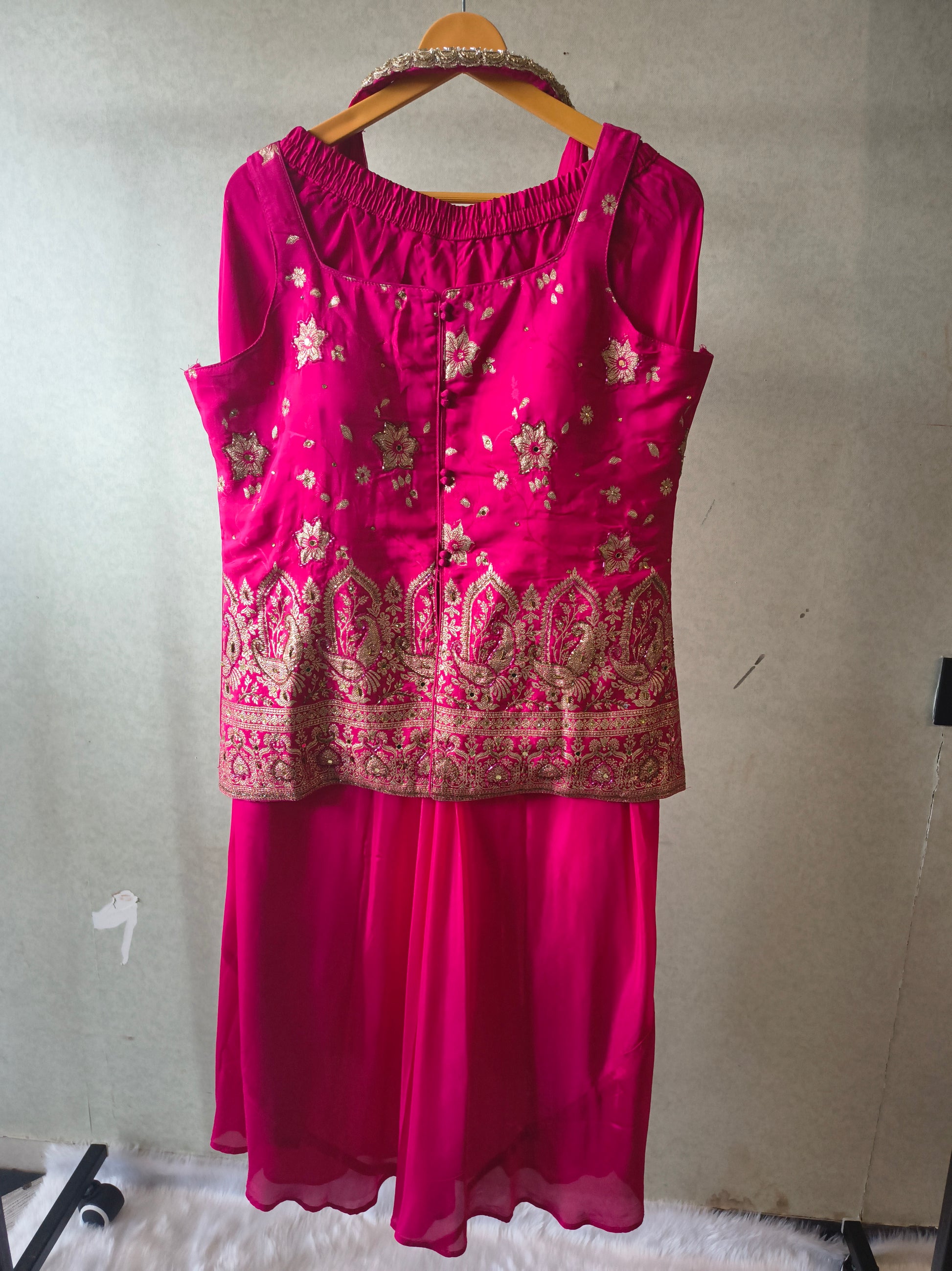 Premium Rani Pink Satin Silk 3-Piece Lehenga Set with Heavy Zari Embroidered Blouse & Dupatta