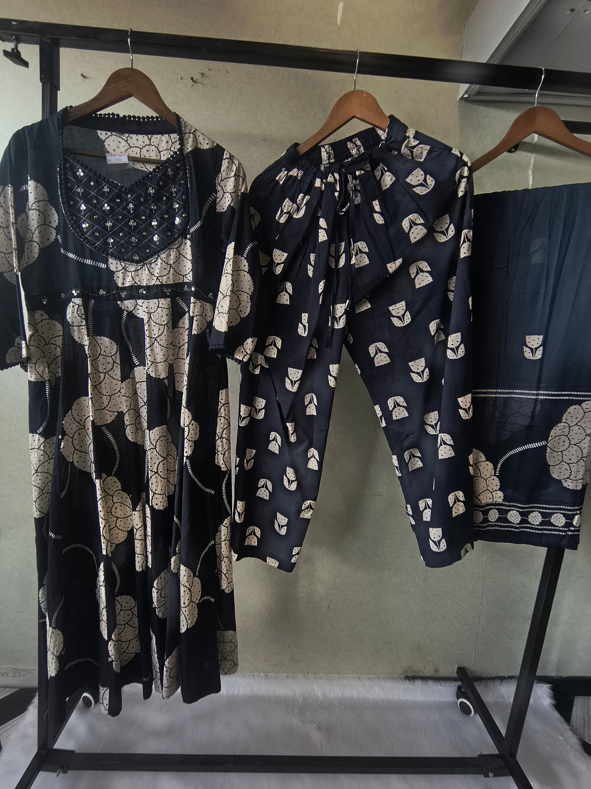Premium Navy Blue Handblock Printed Cotton Anarkali Suit Set with Printed Pants & Dupatta