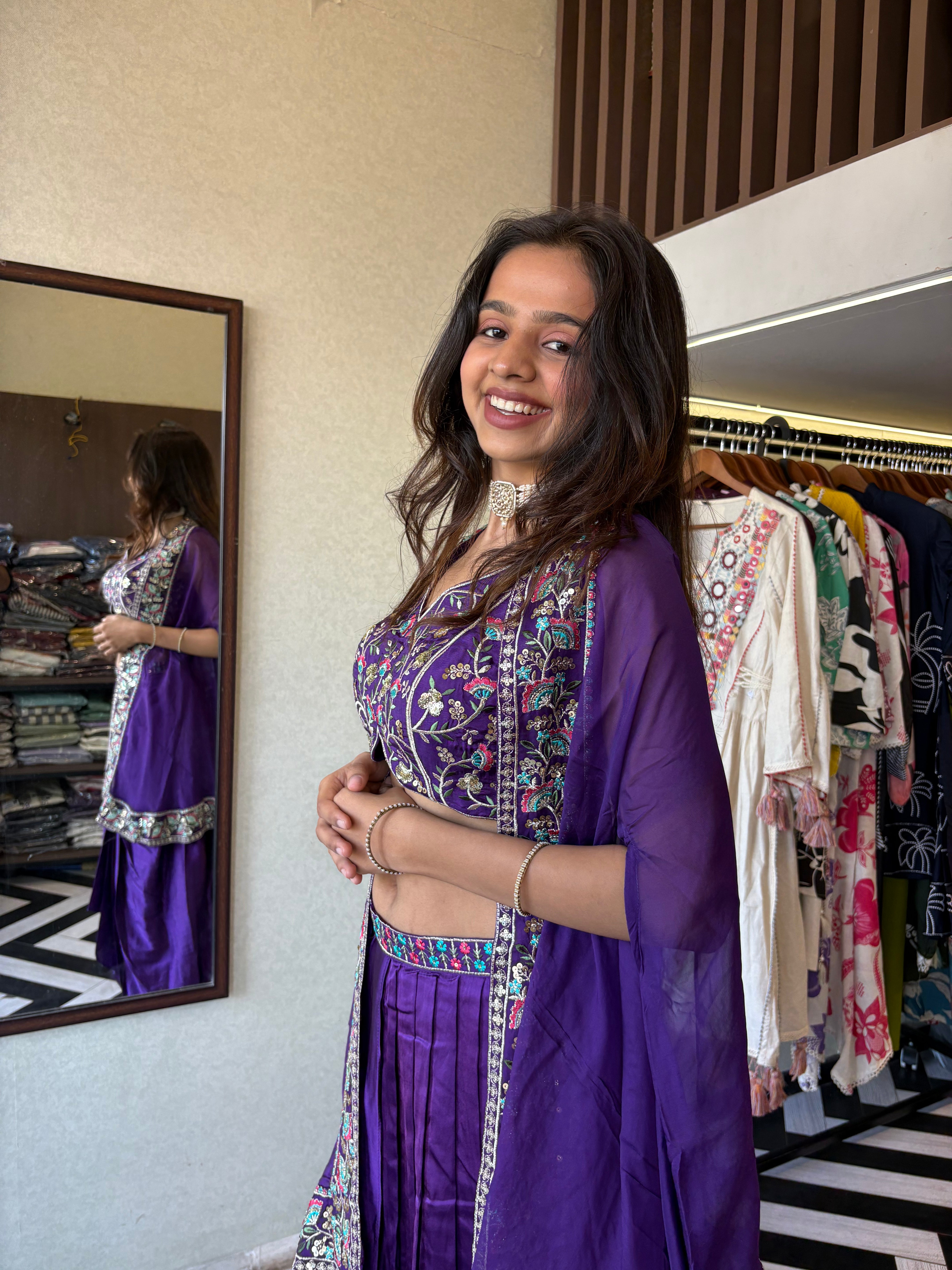 Image of Elegance, Embroidery & the Perfect Drape - All in One Look!

Make your presence unforgettable in this pure crepe purple 3-piece Indo-Western. Full hand embroidery, flawless drape, and designer finishing - this is what statement style looks like