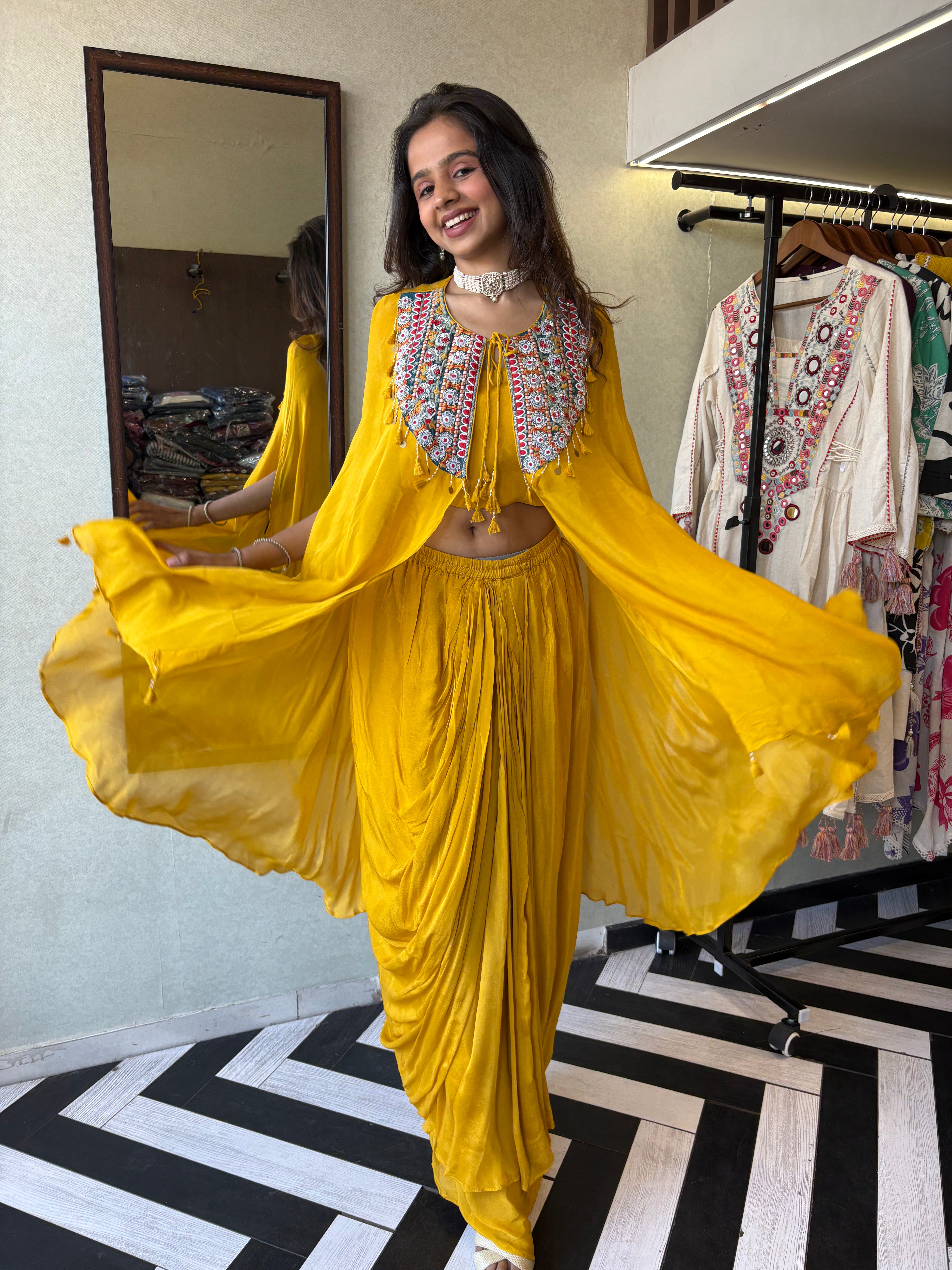 Image of Step into the spotlight with our stunning yellow pure georgette Indo-Western 2-piece. Designed with intricate handwork and full sequin craftsmanship, this piece delivers pure elegance for those who love to shine bright