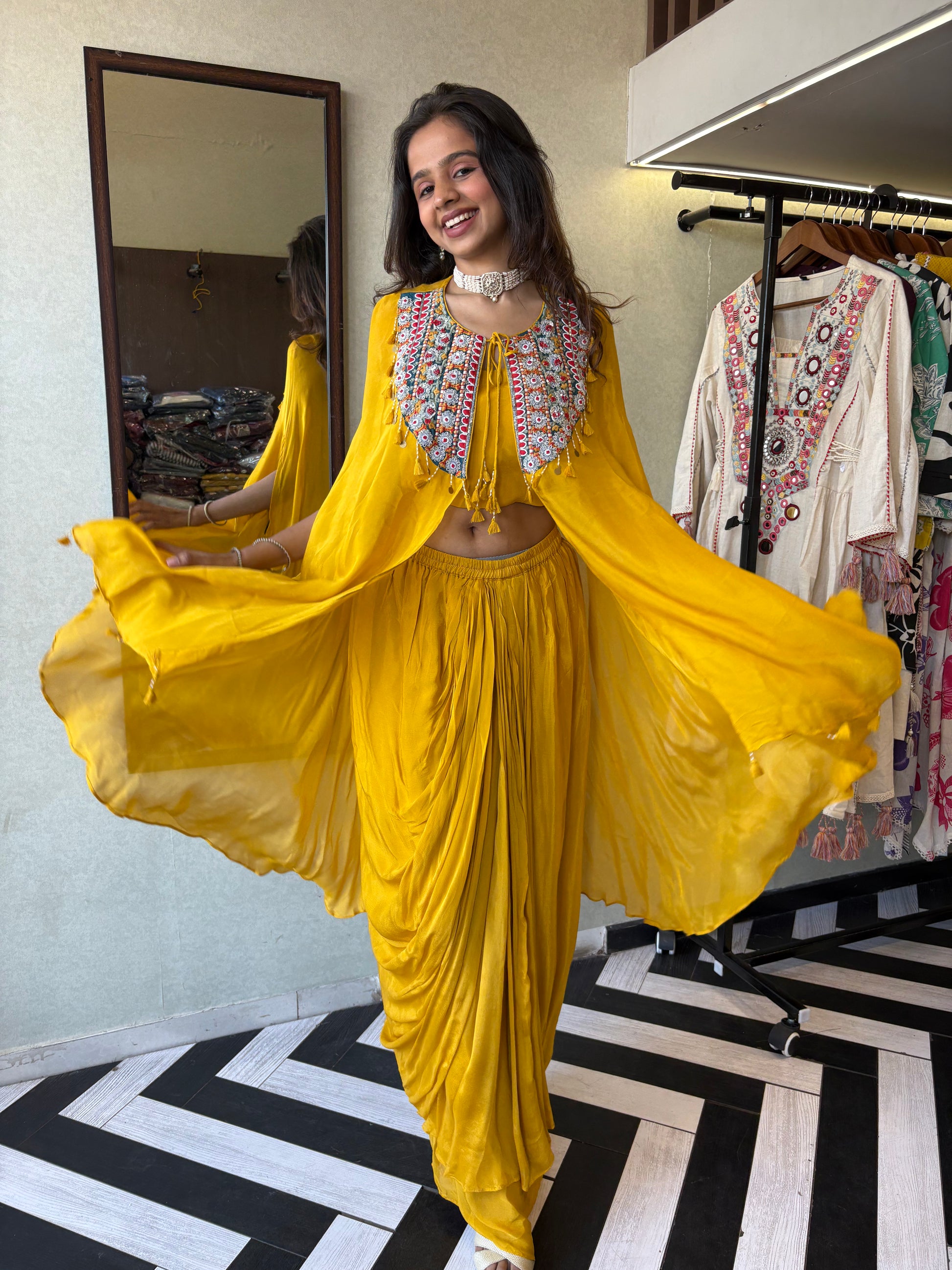Step into the spotlight with our stunning yellow pure georgette Indo-Western 2-piece. Designed with intricate handwork and full sequin craftsmanship, this piece delivers pure elegance for those who love to shine bright