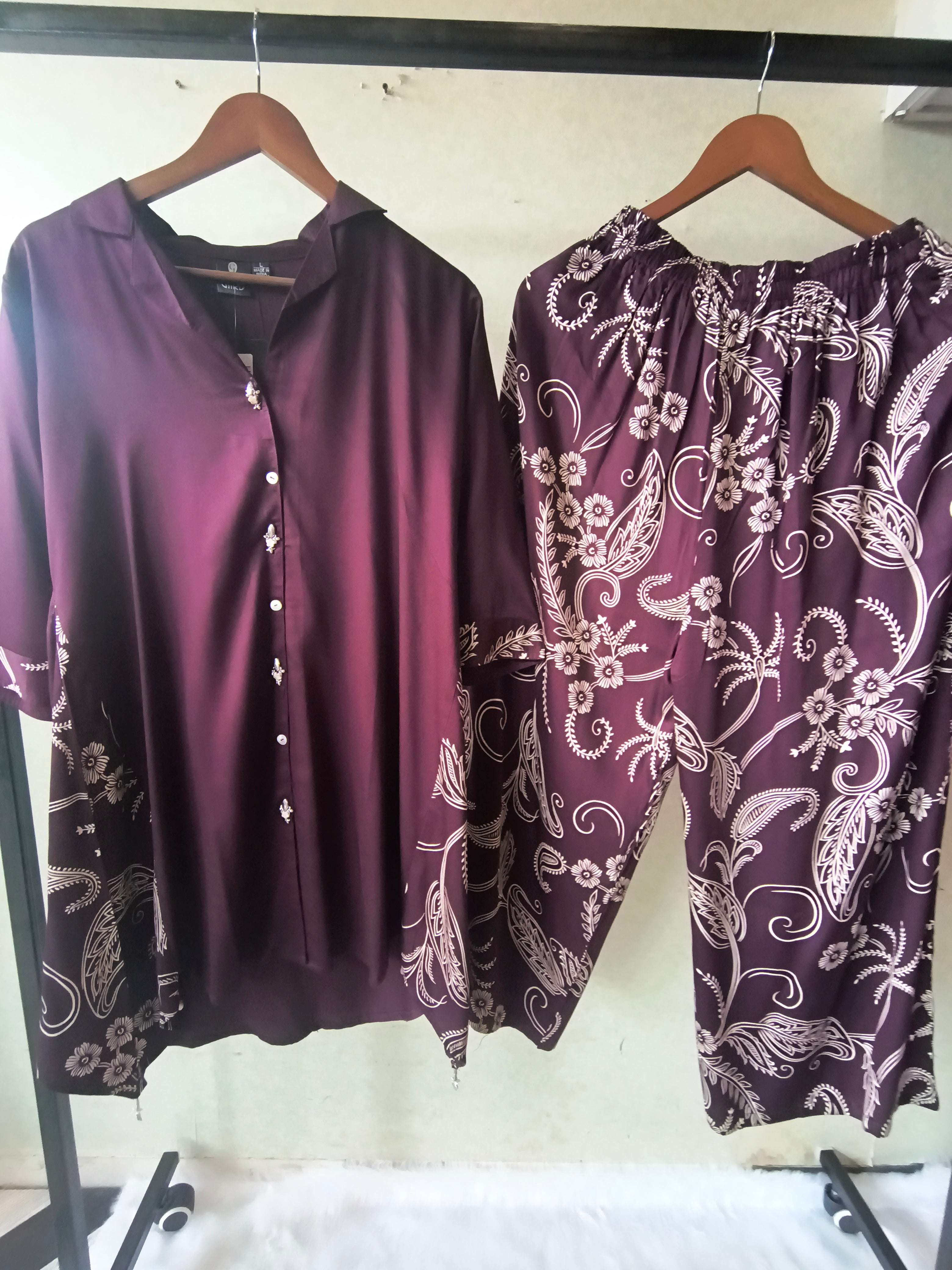 Image of Premium Plum Satin Co-Ord Kurta Set with Printed Straight Pants