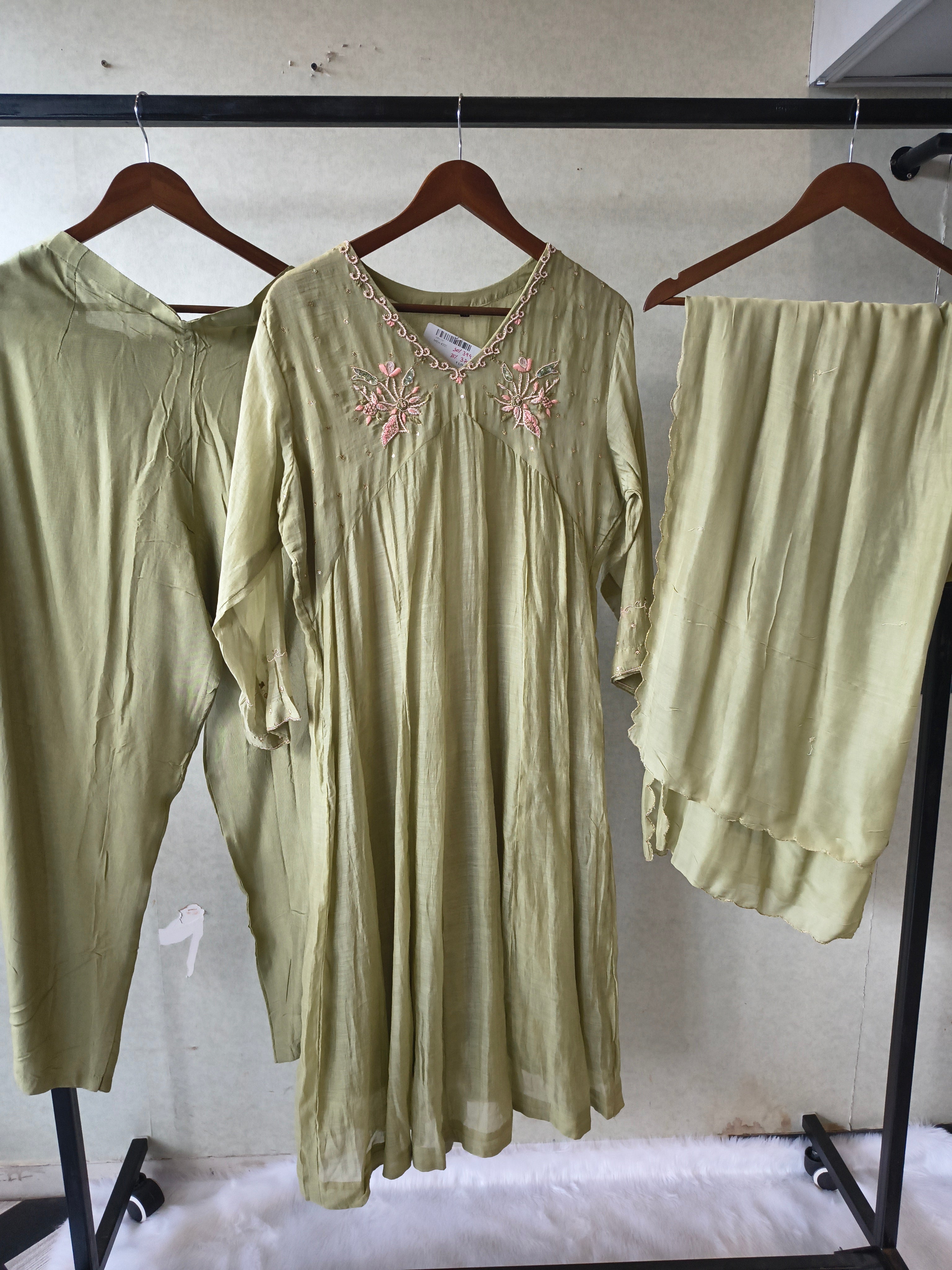 Image of Premium Olive Green Embroidered A-Line Kurta Set with Dupatta