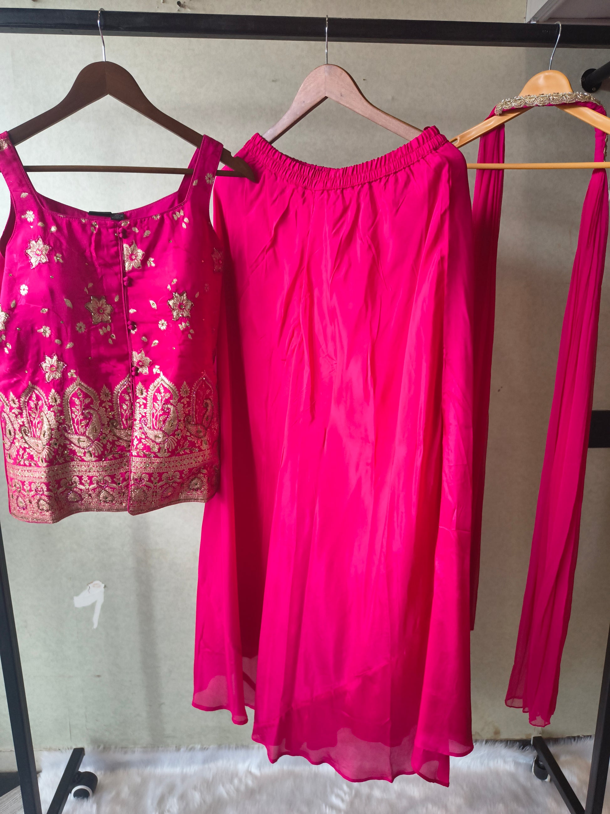 Premium Rani Pink Satin Silk 3-Piece Lehenga Set with Heavy Zari Embroidered Blouse & Dupatta