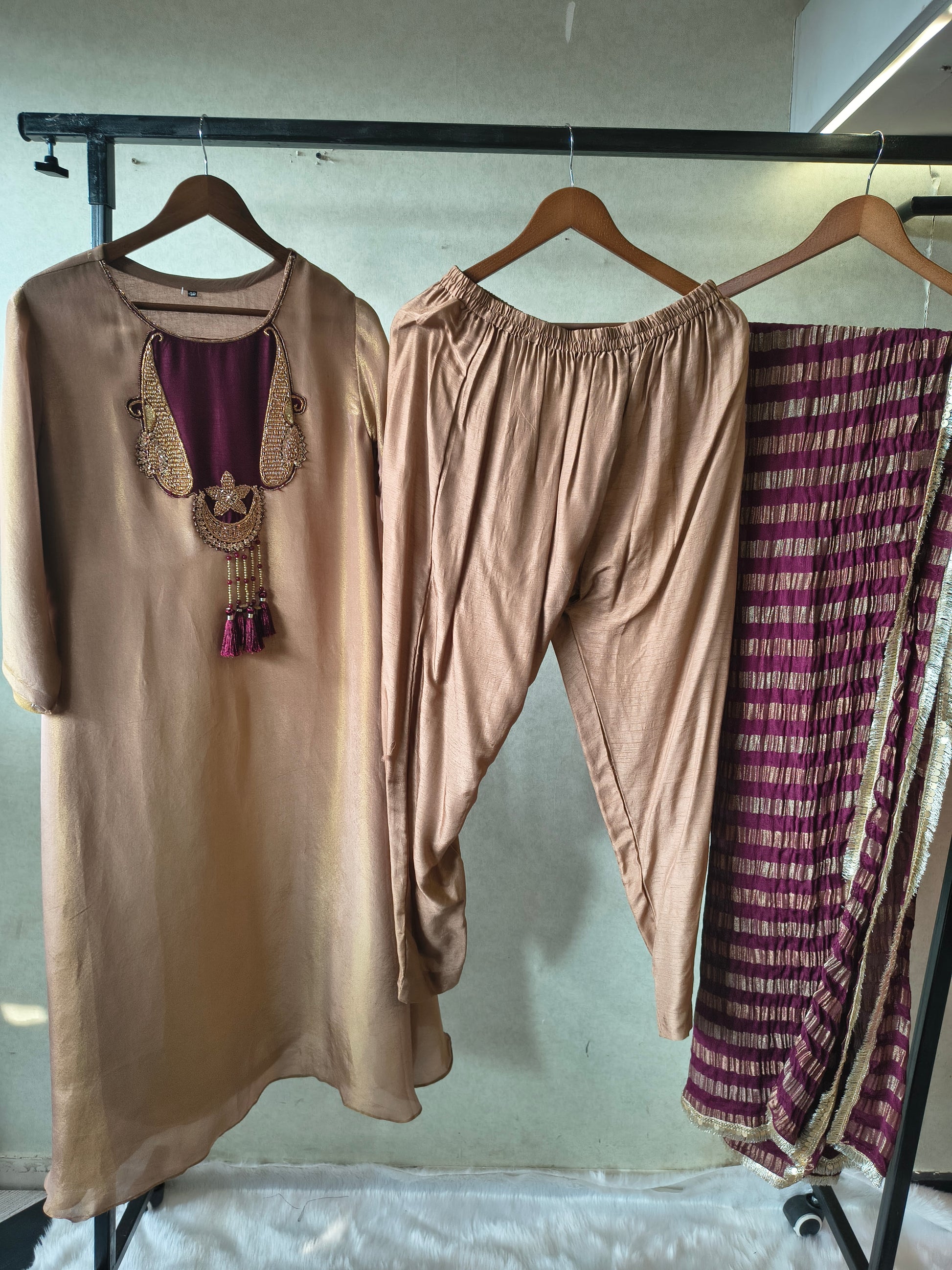 Champagne Gold Silk Blend Kurta Set with Statement Hand-Embellished Neckline & Striped Designer Dupatta – Premium 3 Piece Ethnic Ensemble