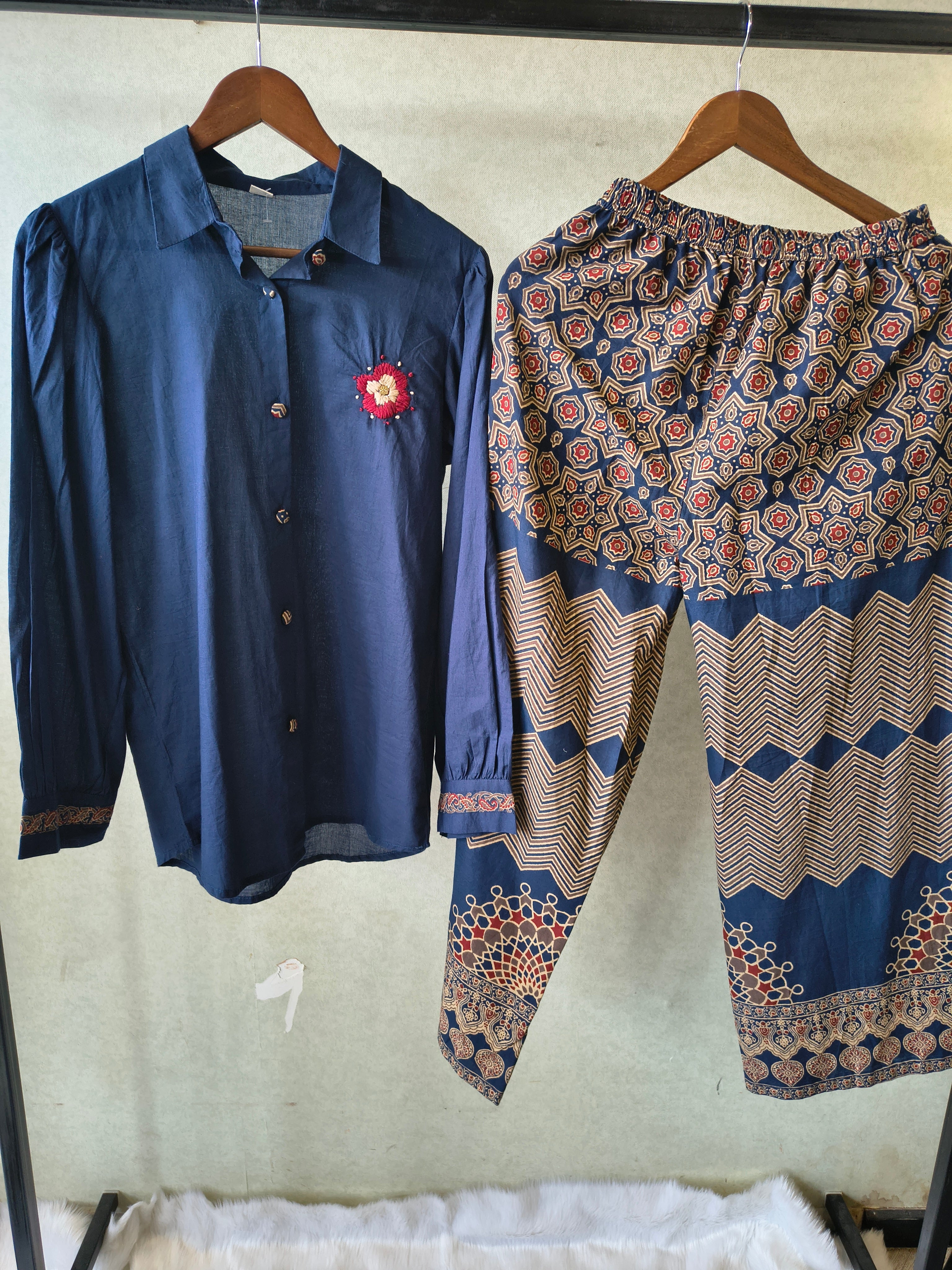 Image of Navy Blue Designer Shirt Co-Ord Set with Statement Printed Palazzo Pants