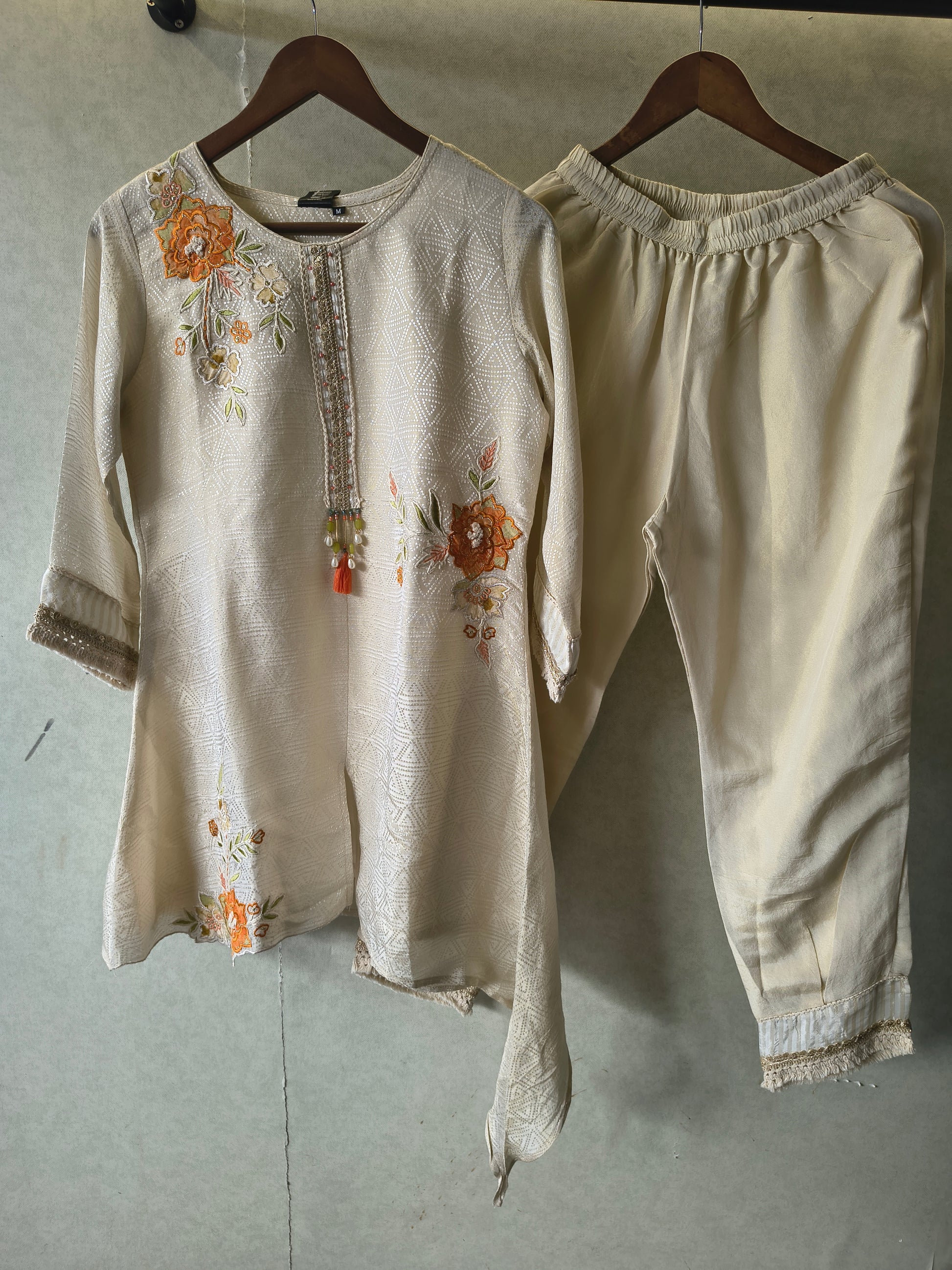 Ivory Floral Embroidered Premium Asymmetrical Kurta Pant Co-Ord Set