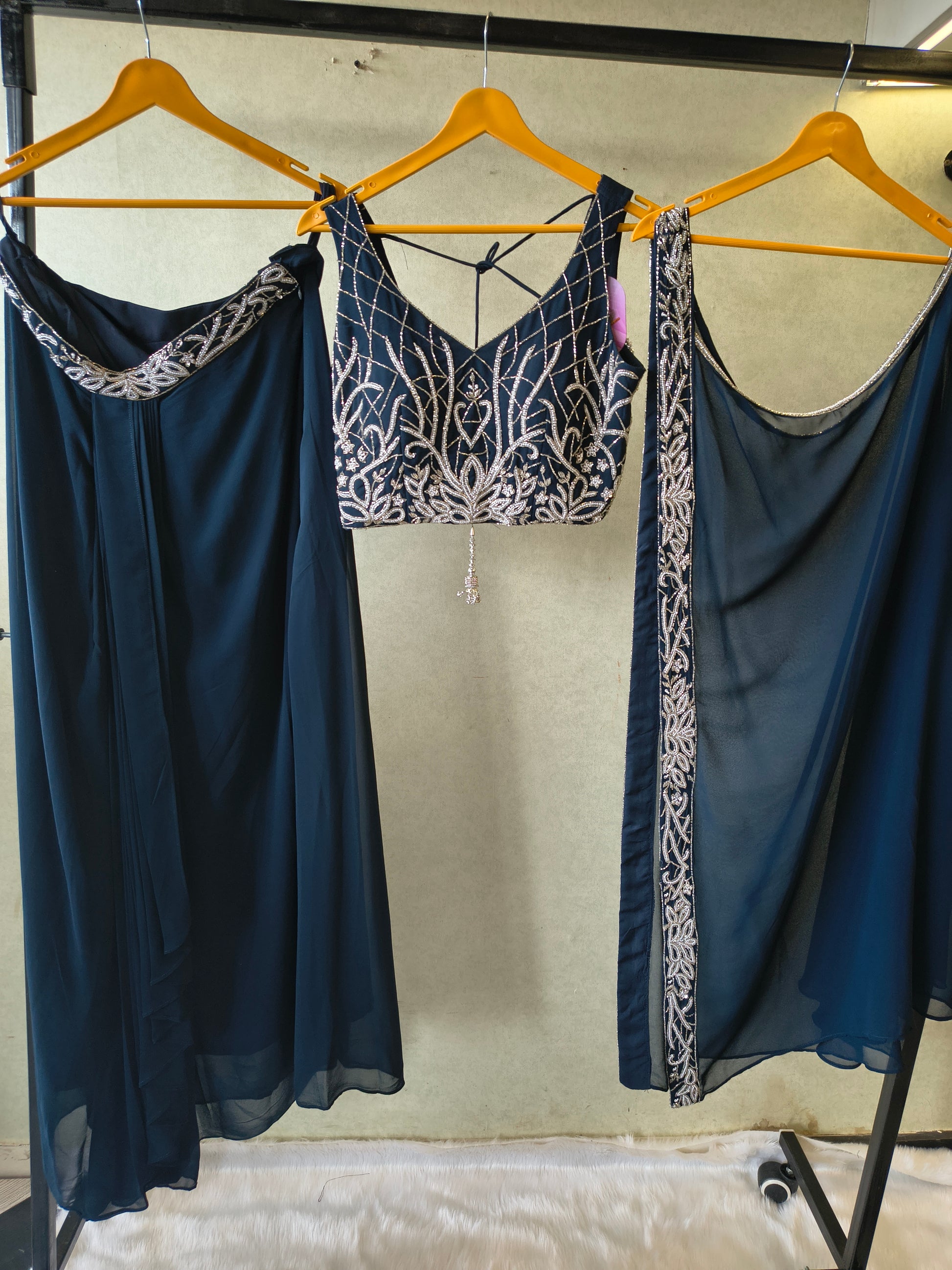 Midnight Navy Embroidered Designer Blouse with Flared Palazzo & Embroidered Dupatta – 3 Piece Festive Indo-Western Set