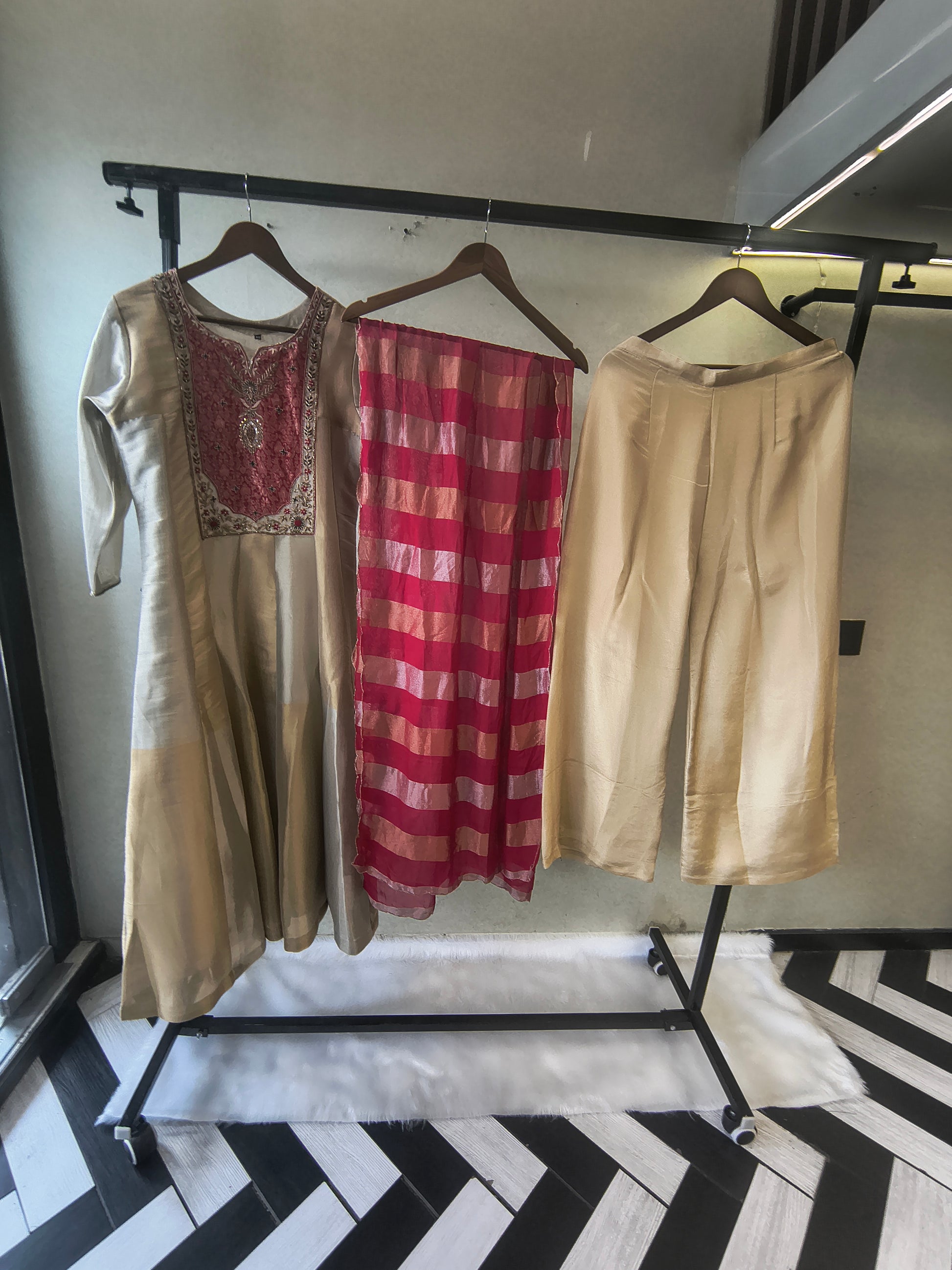 Ivory Embroidered Designer Kurta Set with Pink Striped Organza Dupatta | Premium 3 Piece Ethnic Suit