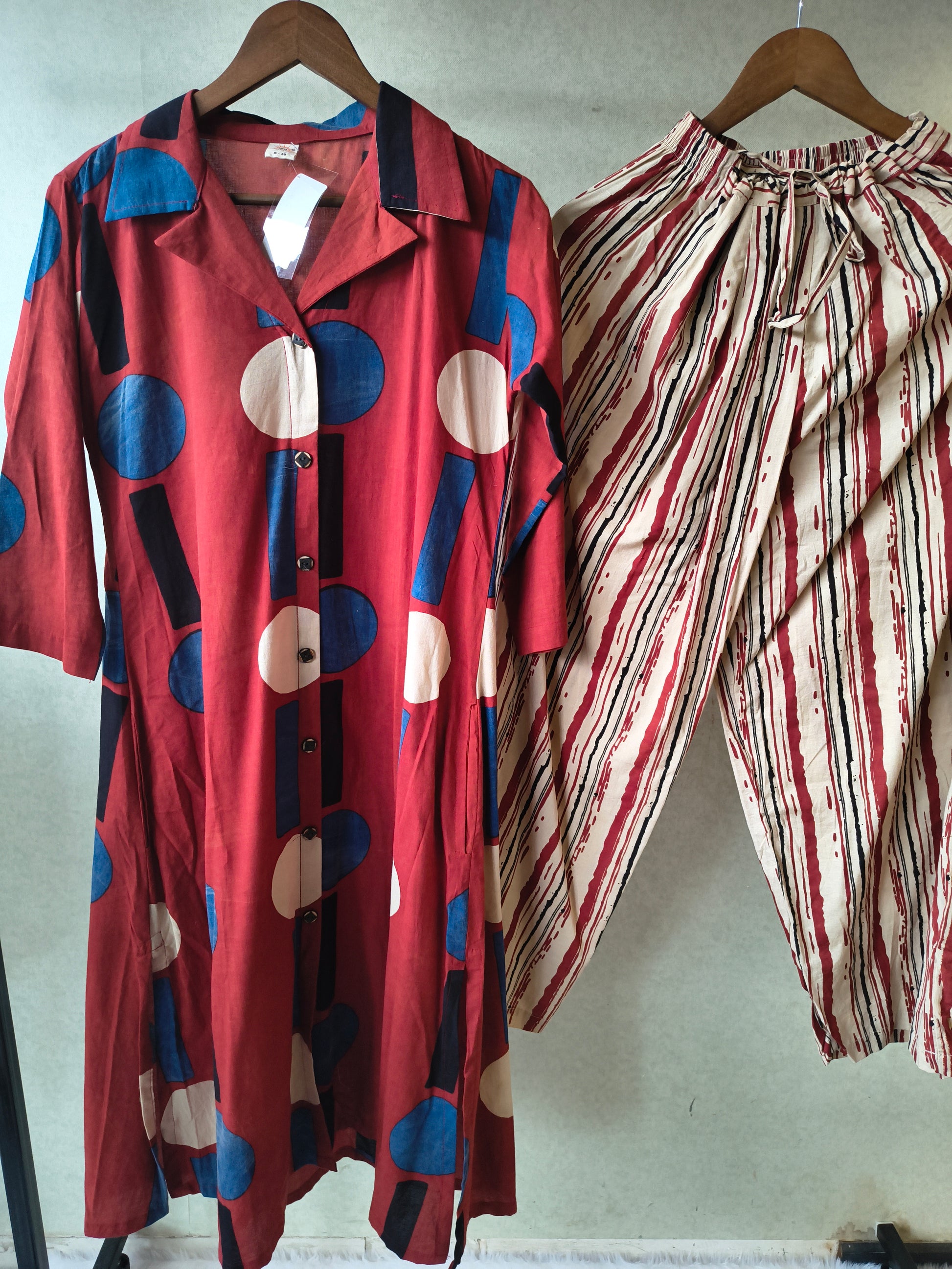 Premium Rust Red Abstract Printed Shirt Kurta with Striped Relaxed Pants Co-Ord Set