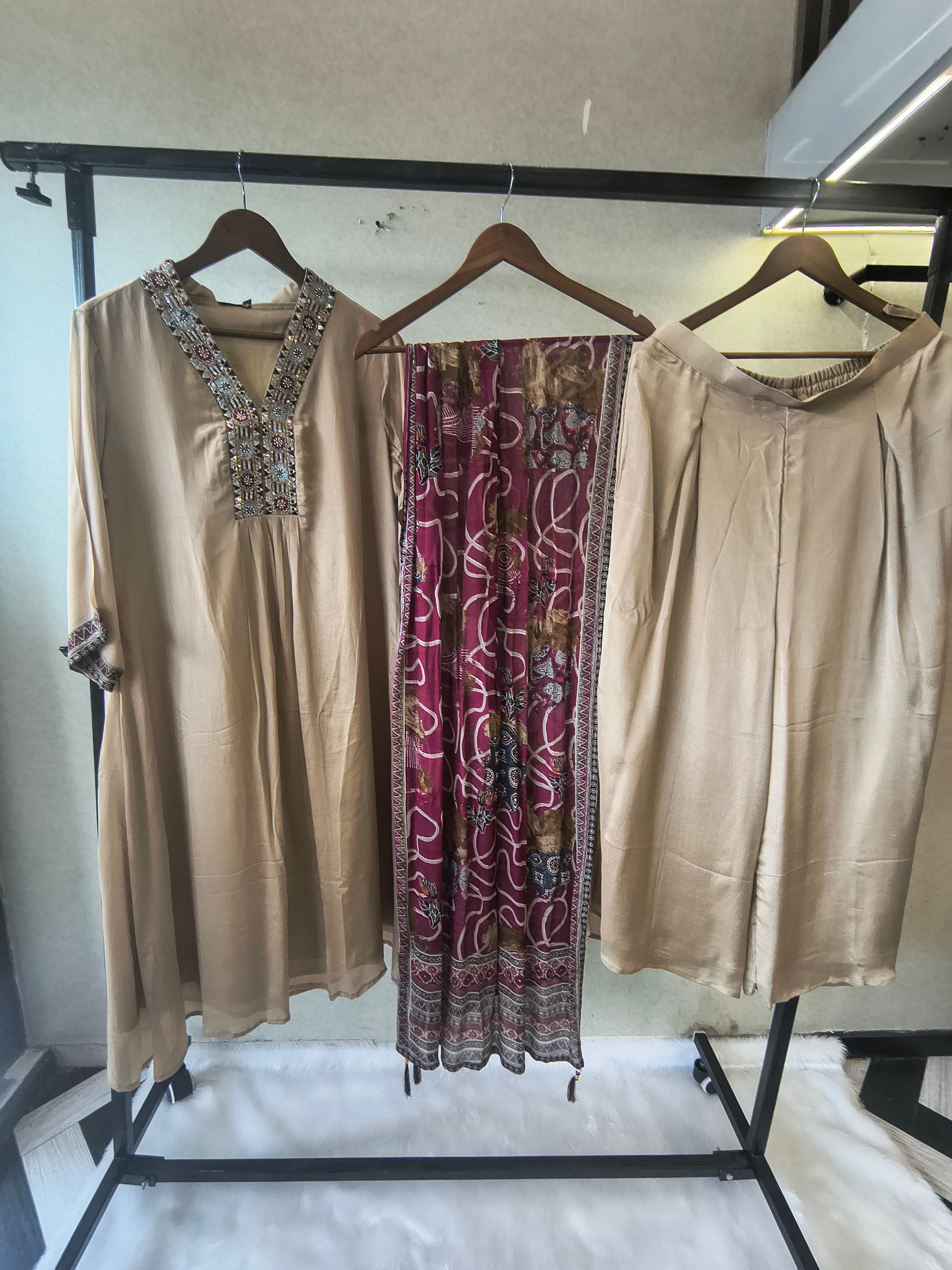 Ivory Beige Embroidered Designer Kurta Set with Printed Dupatta | Premium 3 Piece Ethnic Suit
