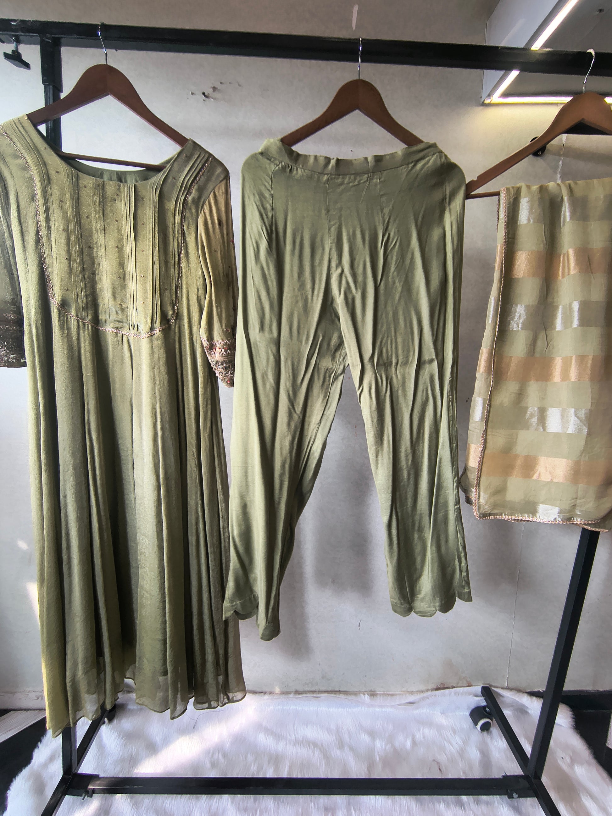 Sage Green Georgette Anarkali Suit Set with Pintuck Yoke, Embroidered Sleeves & Metallic Striped Dupatta – Premium 3 Piece Ethnic Ensemble