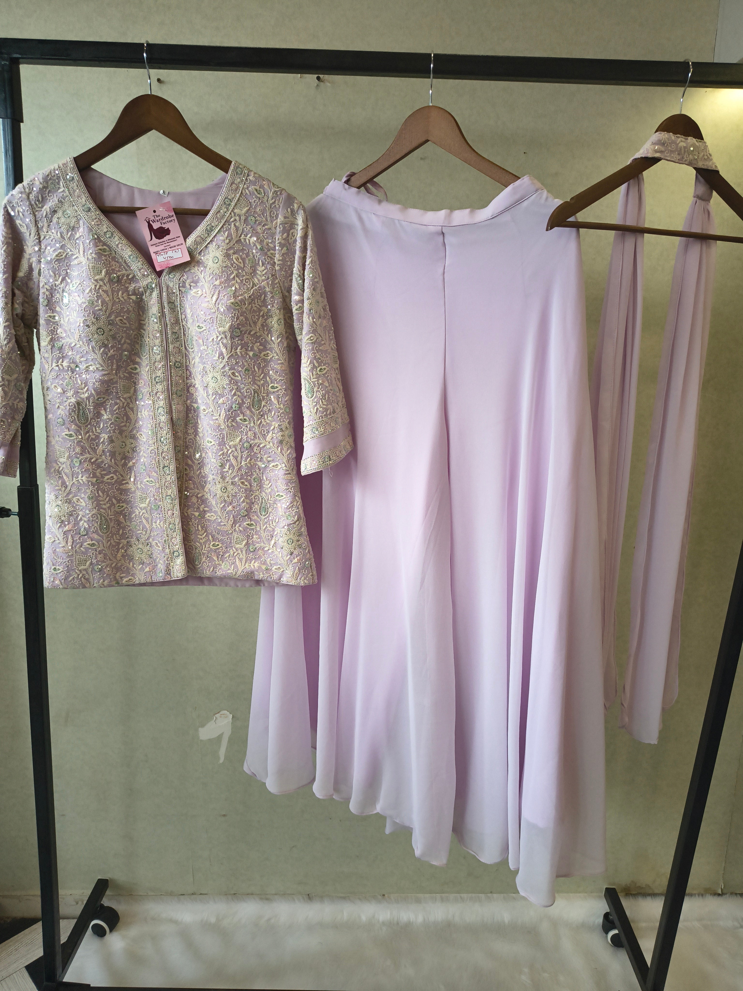 Image of Pastel Lilac Designer Embroidered Peplum Sharara Set with Chiffon Dupatta | Premium 3 Piece Festive Ensemble
