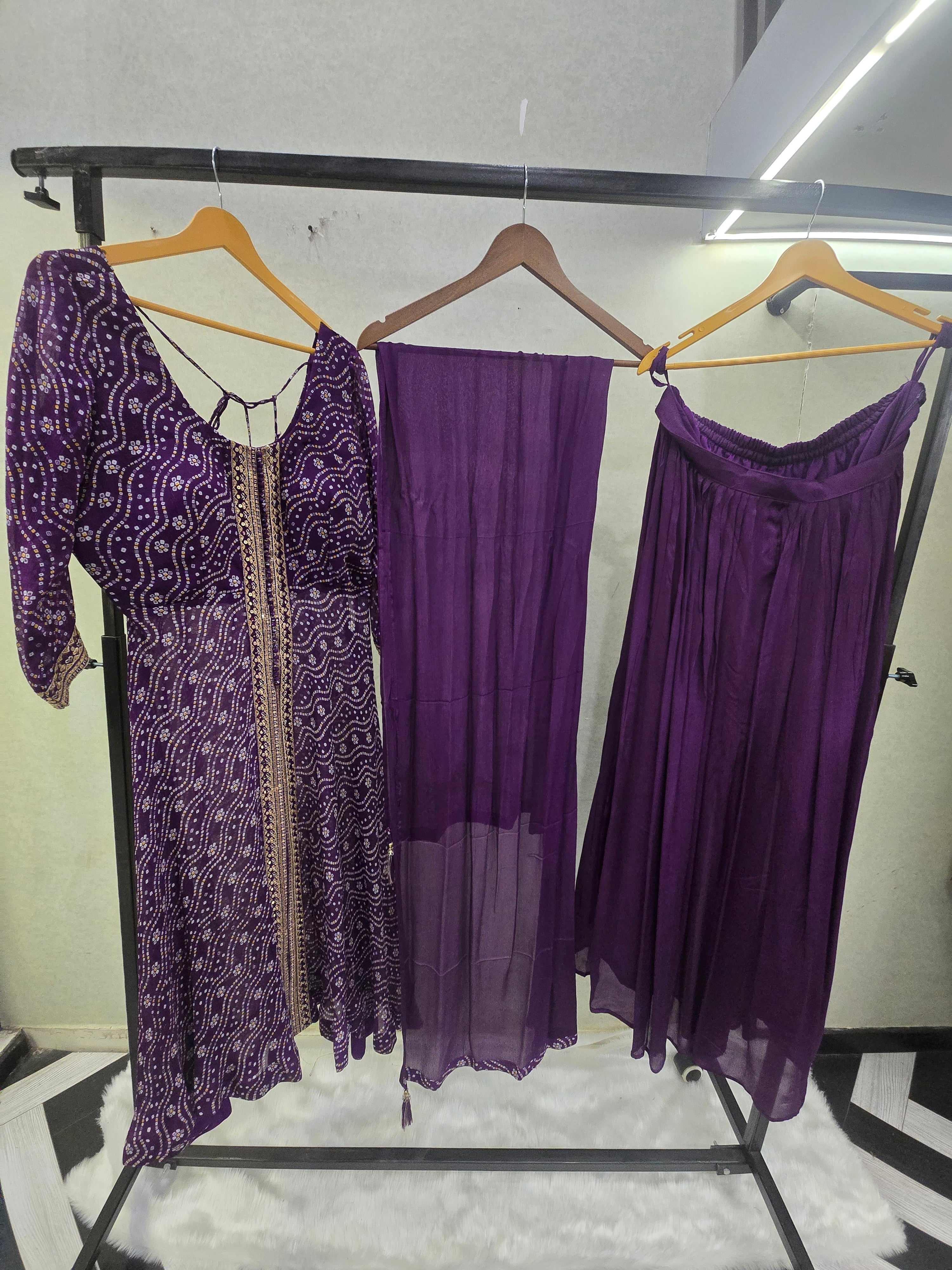 Image of Royal Purple Bandhani Print Anarkali Kurta Set with Embellished Front Panel & Flared Palazzo | Premium 3 Piece Festive Ensemble
