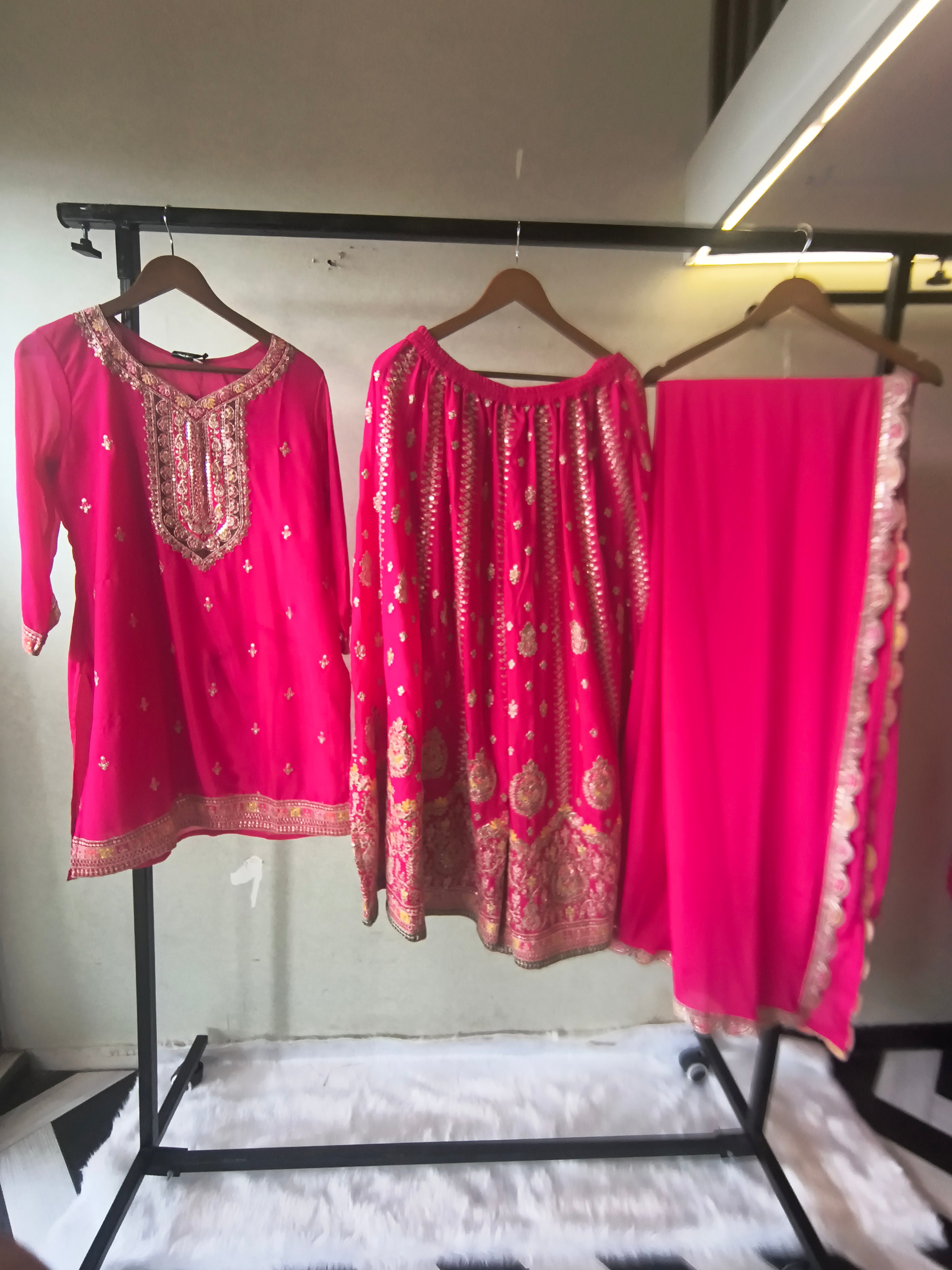 Image of Rani Pink Embroidered Kurta Sharara Set with Scalloped Dupatta – Premium 3 Piece Festive Ensemble