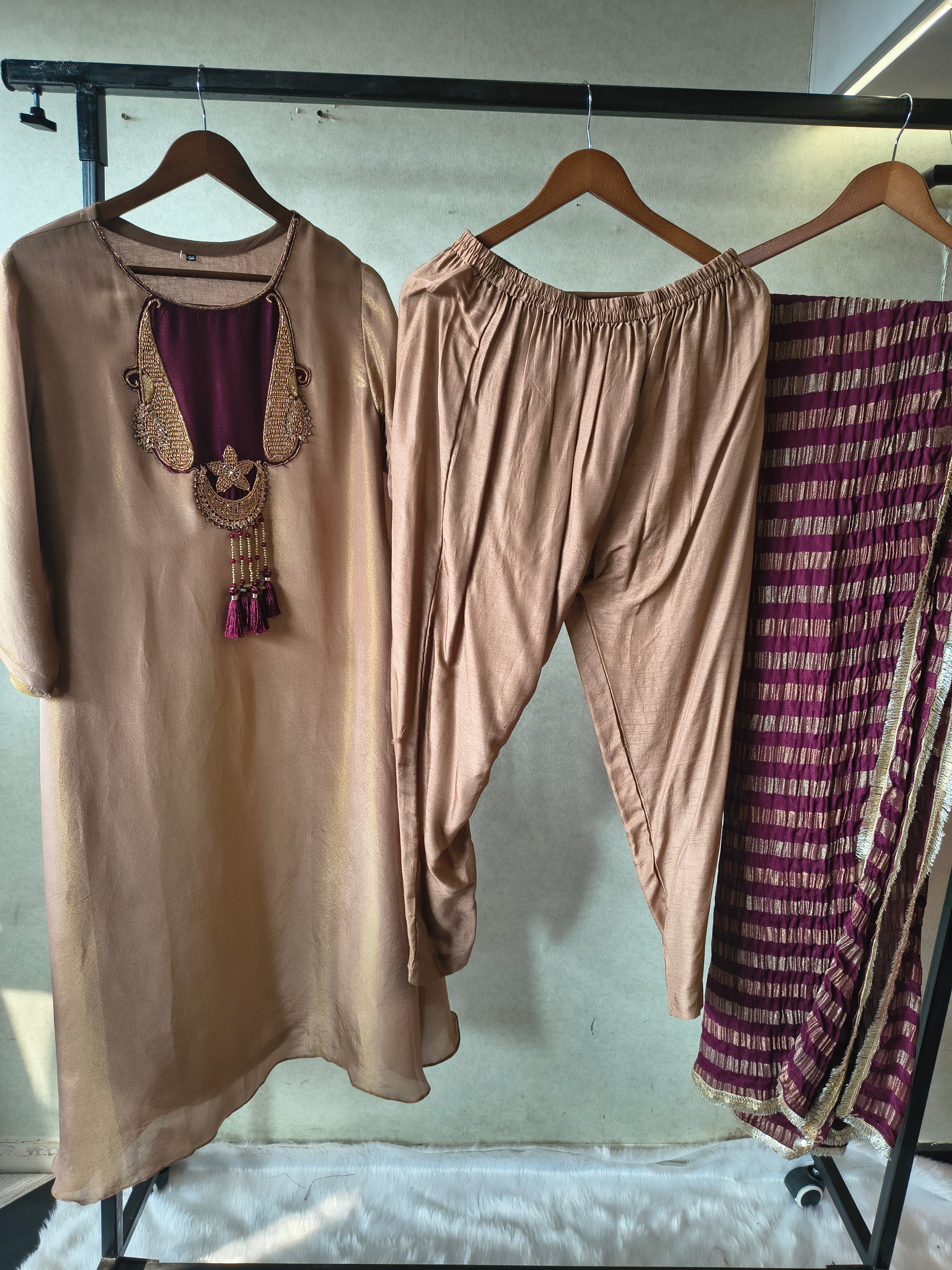 Image of Champagne Gold Silk Blend Kurta Set with Statement Hand-Embellished Neckline & Striped Designer Dupatta – Premium 3 Piece Ethnic Ensemble