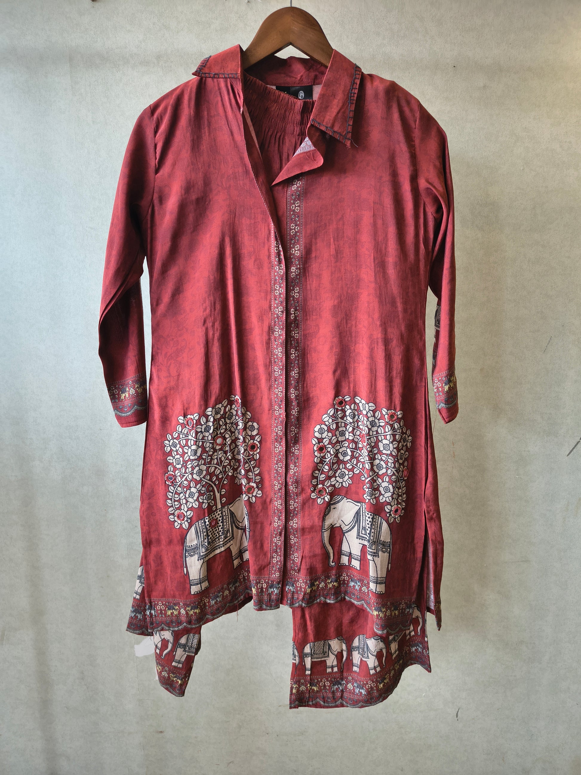 Rust Red Elephant Print Designer Co-Ord Set with Asymmetrical Hem